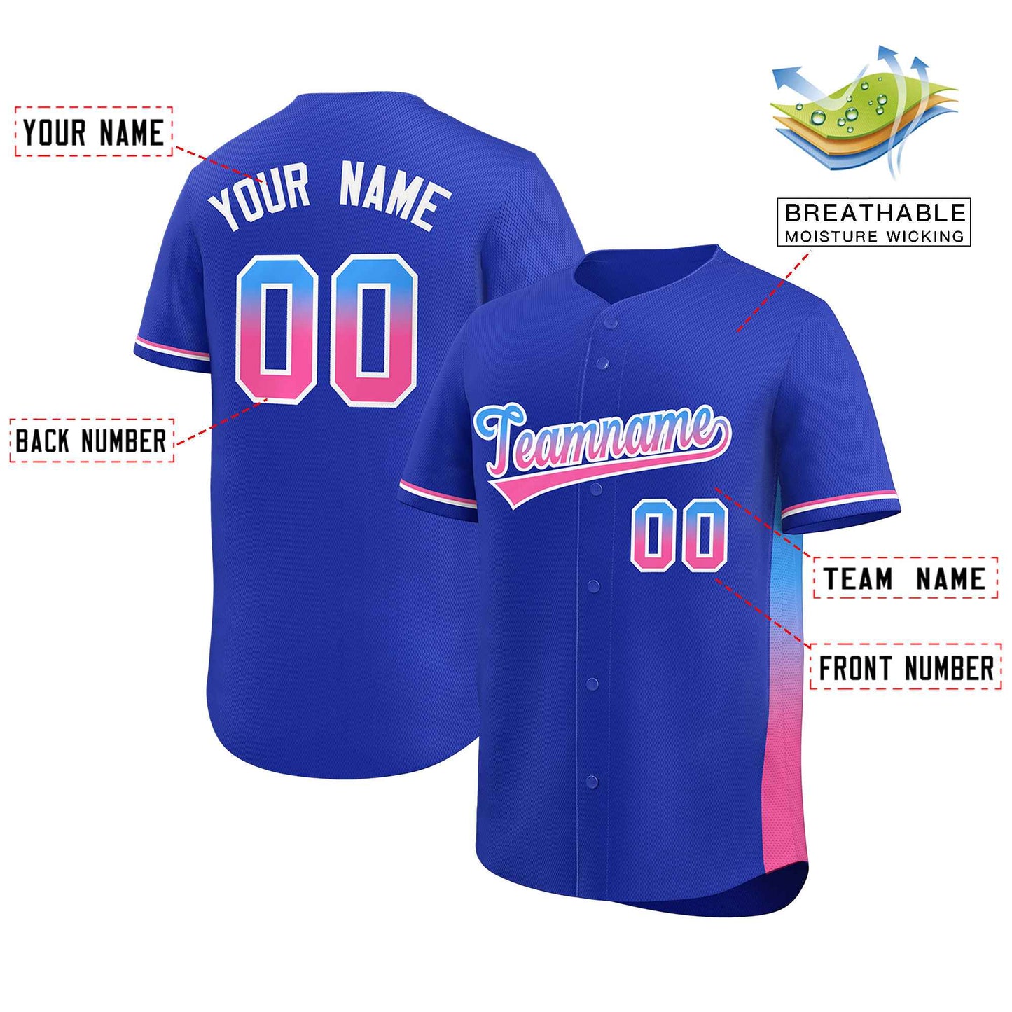Custom Royal Powder Blue-Pink Personalized Gradient Font And Side Design Authentic Baseball Jersey Limited