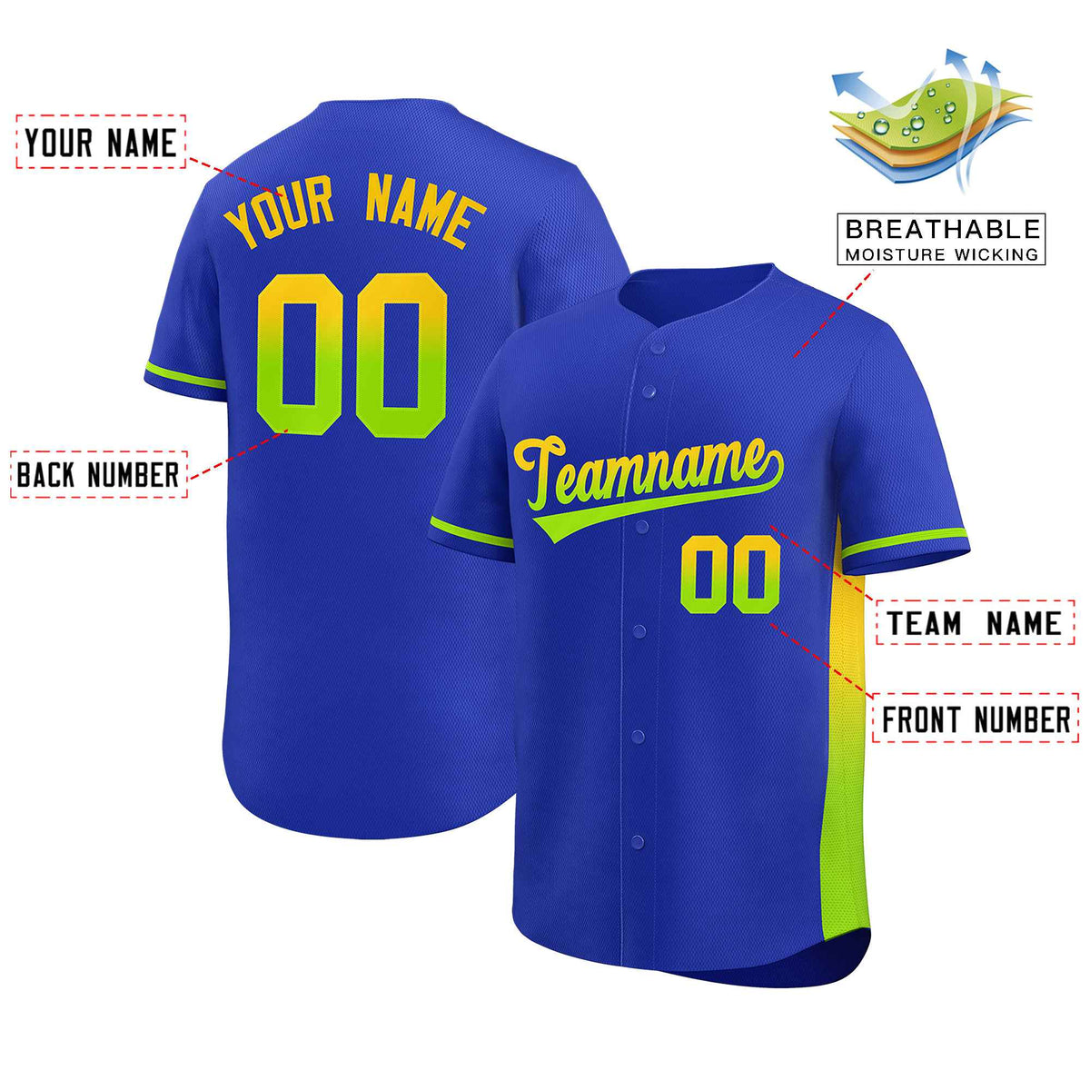 Custom Royal Gold-Neon Green Personalized Gradient Font And Side Design Authentic Baseball Jersey Limited