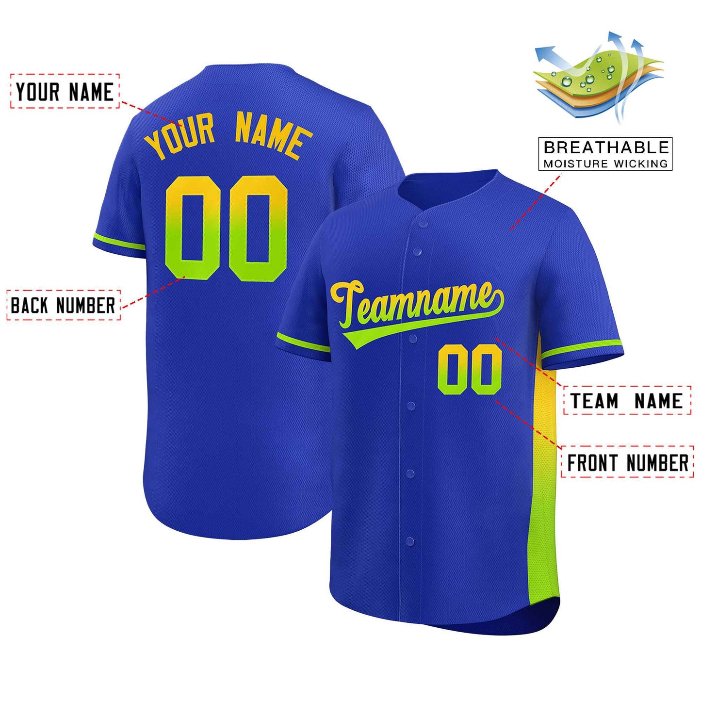 Custom Royal Gold-Neon Green Personalized Gradient Font And Side Design Authentic Baseball Jersey Limited