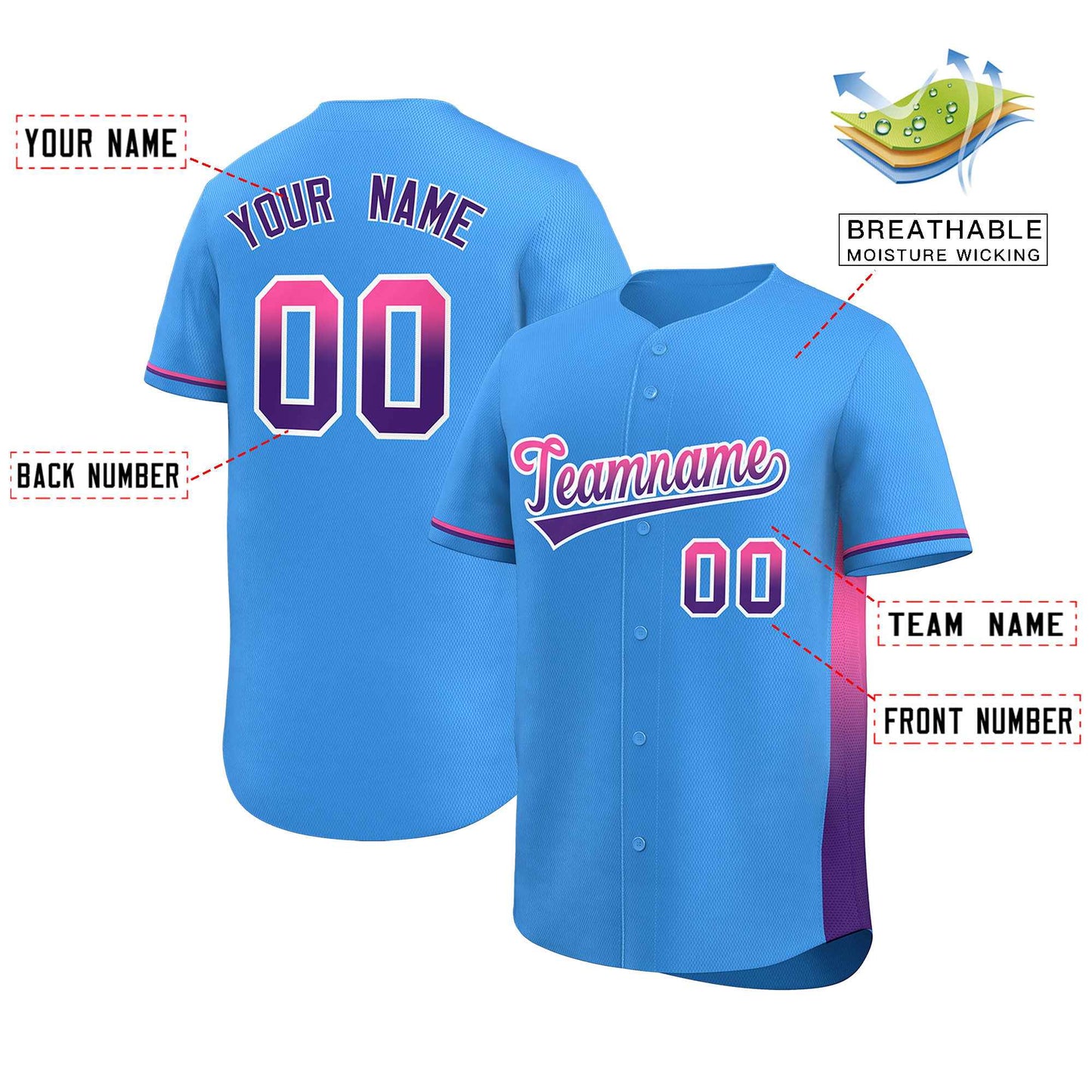 Custom Powder Blue Pink-Purple Personalized Gradient Font And Side Design Authentic Baseball Jersey Limited