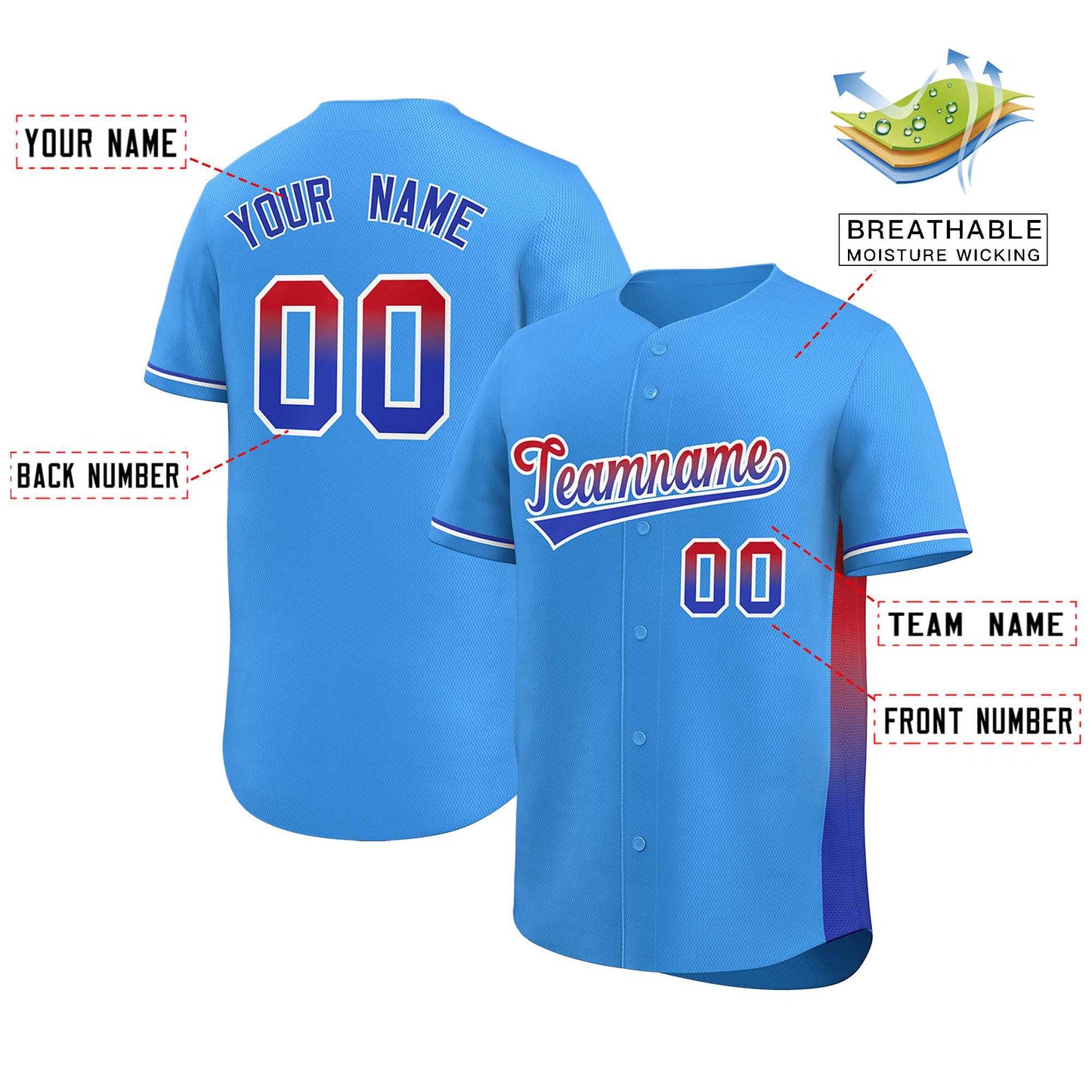 Custom Powder Blue Red-Royal Personalized Gradient Font And Side Design Authentic Baseball Jersey Limited