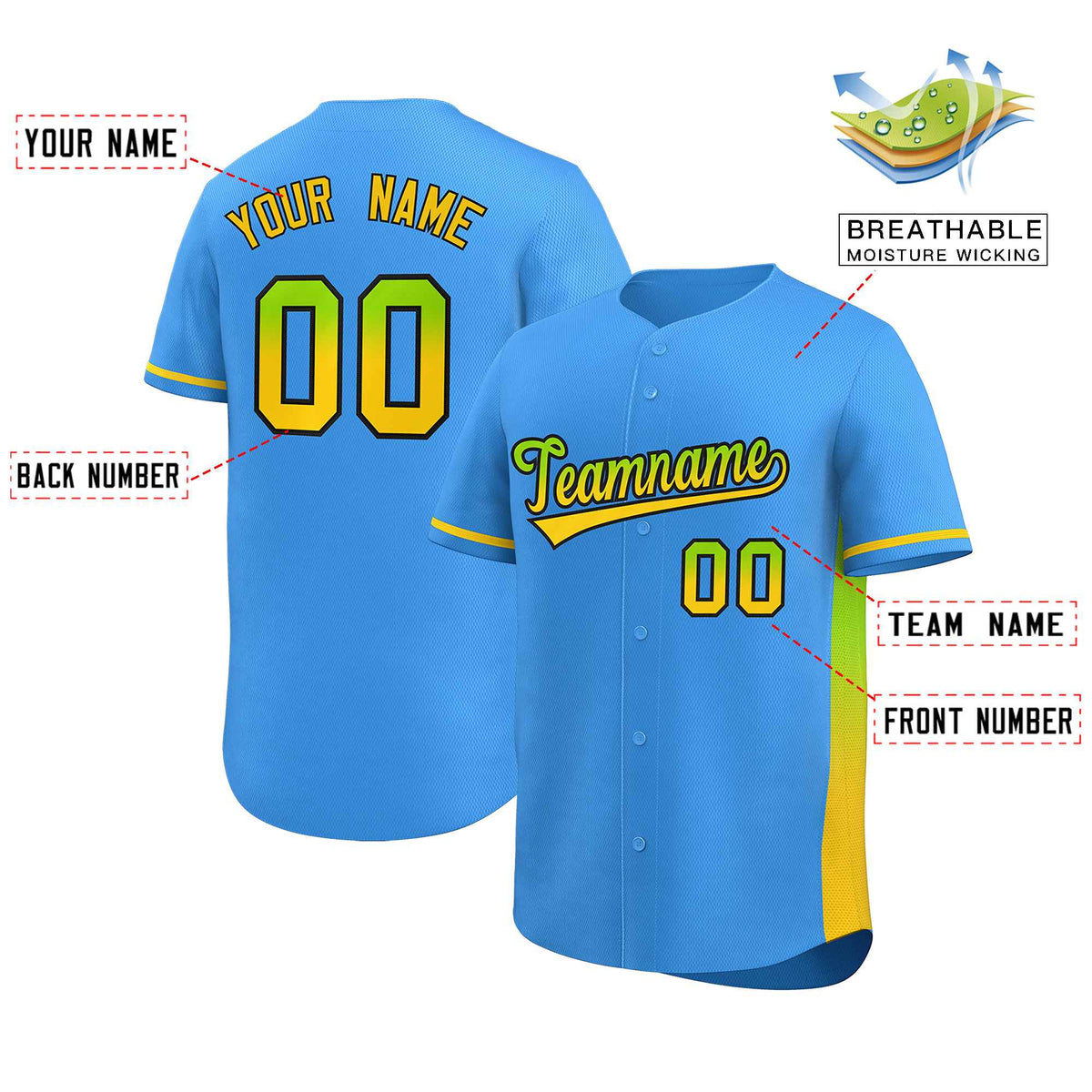 Custom Powder Blue Neon Green-Gold Personalized Gradient Font And Side Design Authentic Baseball Jersey Limited