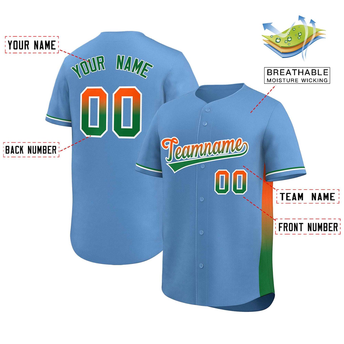 Custom Light Blue Orange-Kelly Green Personalized Gradient Font And Side Design Authentic Baseball Jersey Limited