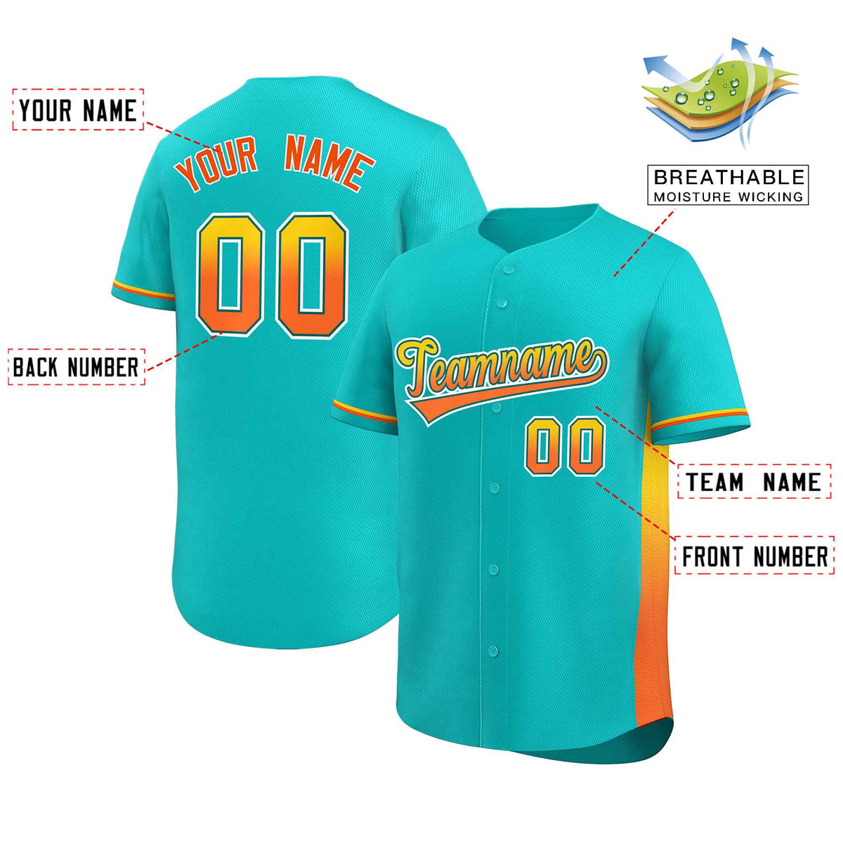 Custom Aqua Gold-Orange Personalized Gradient Font And Side Design Authentic Baseball Jersey Limited