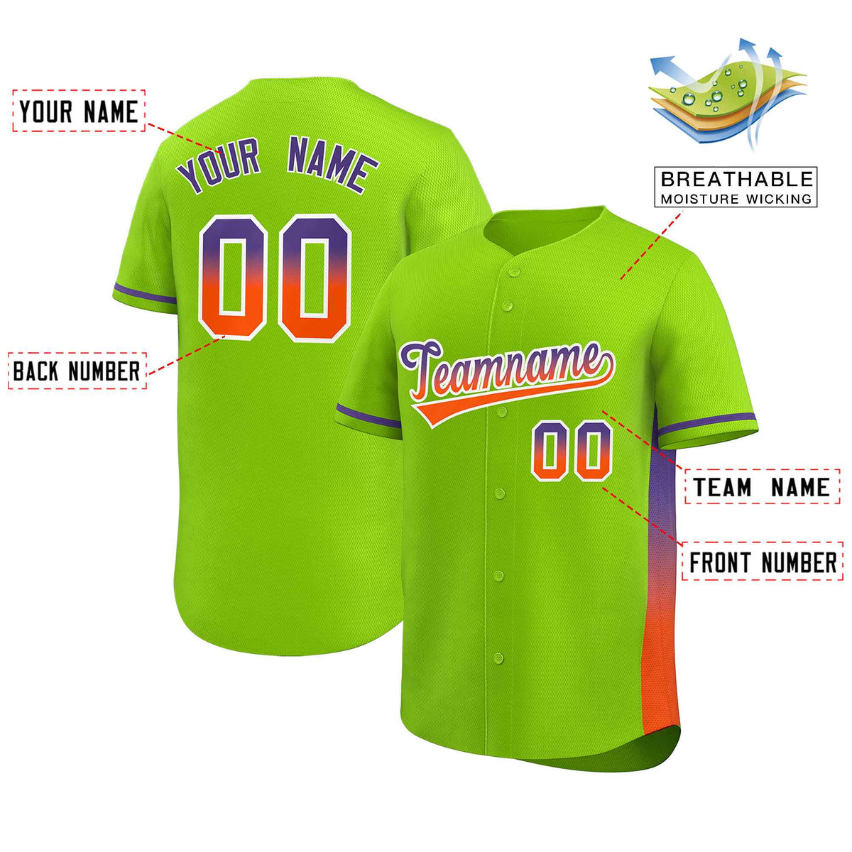 Custom Neon Green Purple-Orange Personalized Gradient Font And Side Design Authentic Baseball Jersey Limited