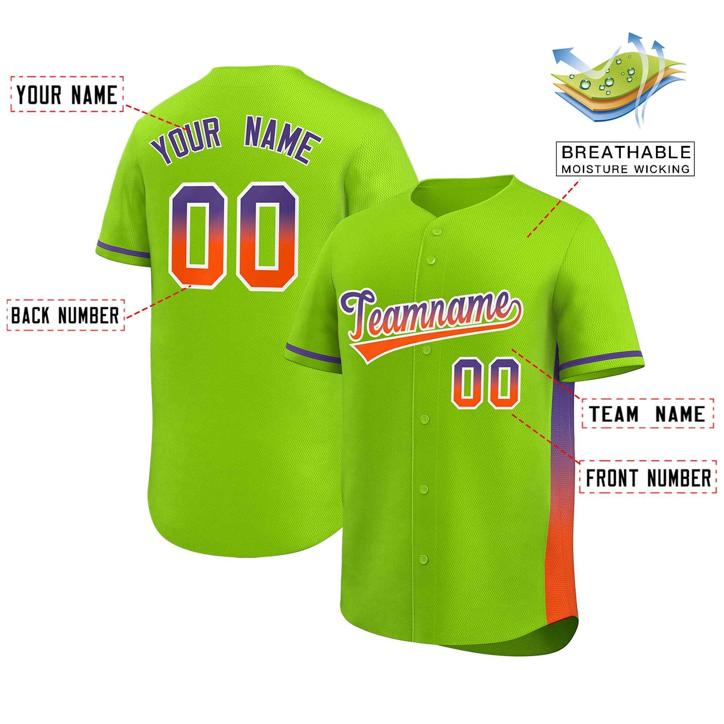 Custom Neon Green Purple-Orange Personalized Gradient Font And Side Design Authentic Baseball Jersey Limited