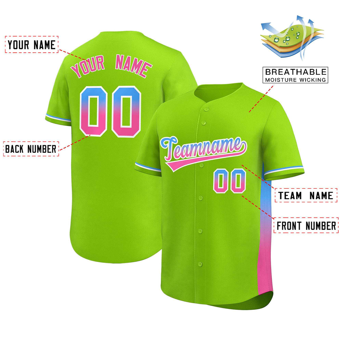 Custom Neon Green Powder Blue-Pink Personalized Gradient Font And Side Design Authentic Baseball Jersey Limited