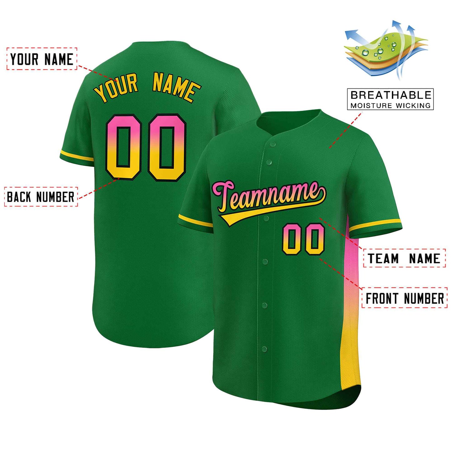 Custom Kelly Green Pink-Gold Personalized Gradient Font And Side Design Authentic Baseball Jersey Limited