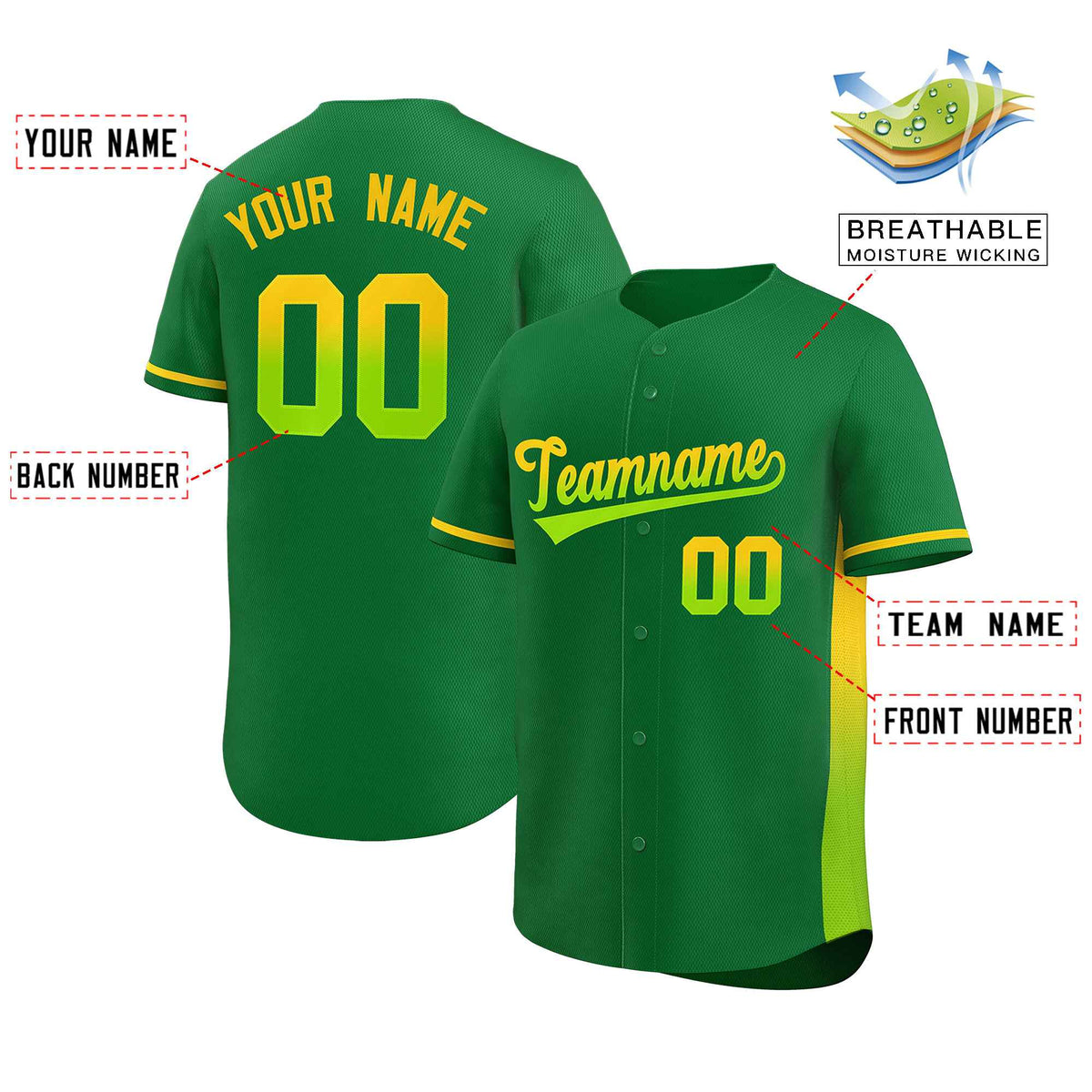 Custom Kelly Green Gold-Neon Green Personalized Gradient Font And Side Design Authentic Baseball Jersey Limited
