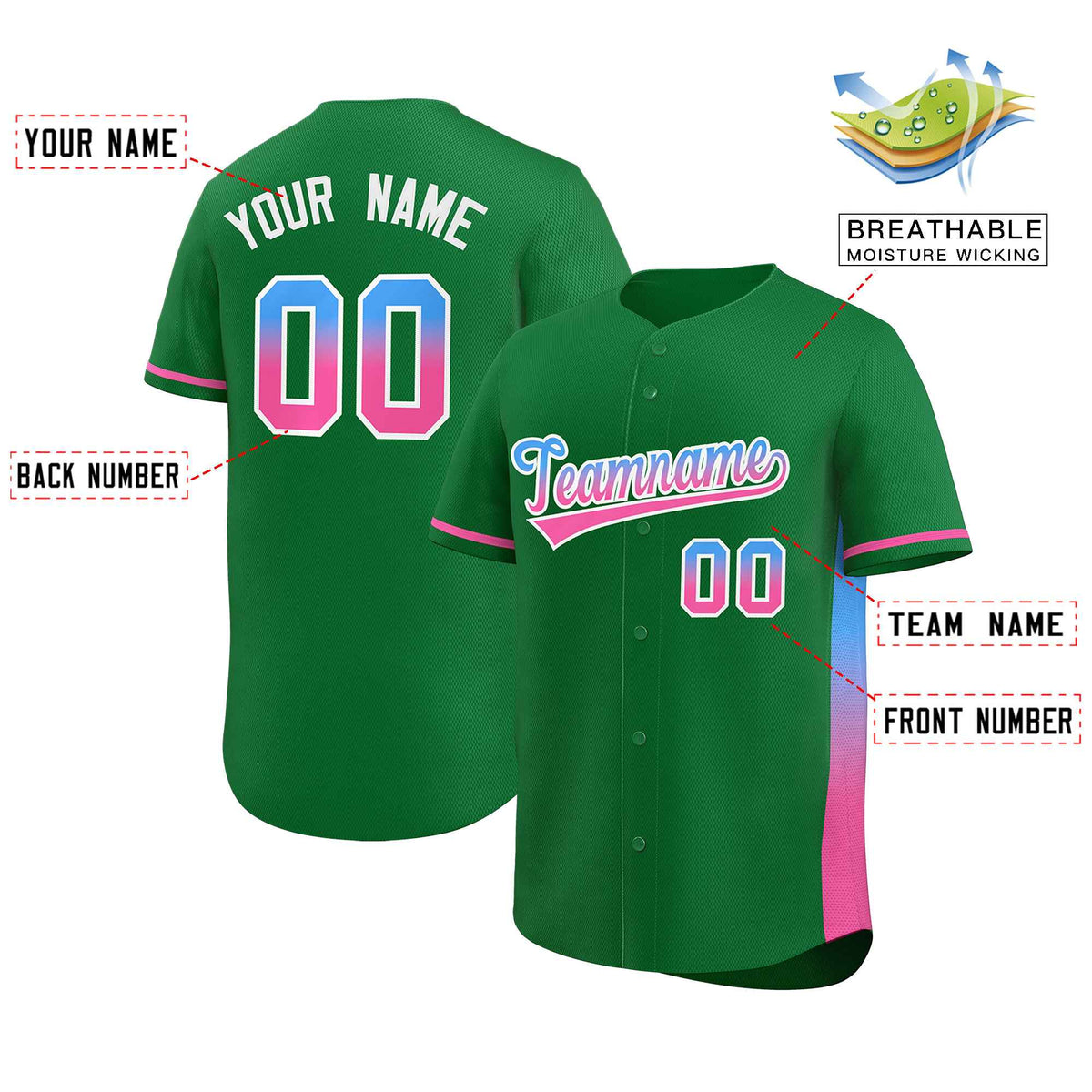 Custom Kelly Green Powder Blue-Pink Personalized Gradient Font And Side Design Authentic Baseball Jersey Limited