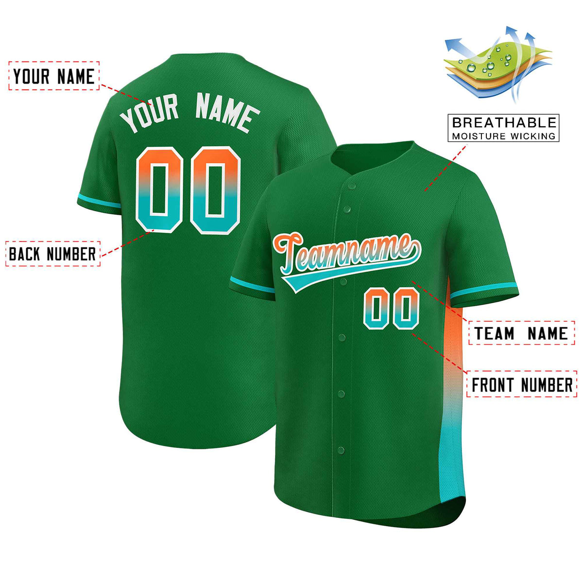 Custom Kelly Green Orange-Aqua Personalized Gradient Font And Side Design Authentic Baseball Jersey Limited