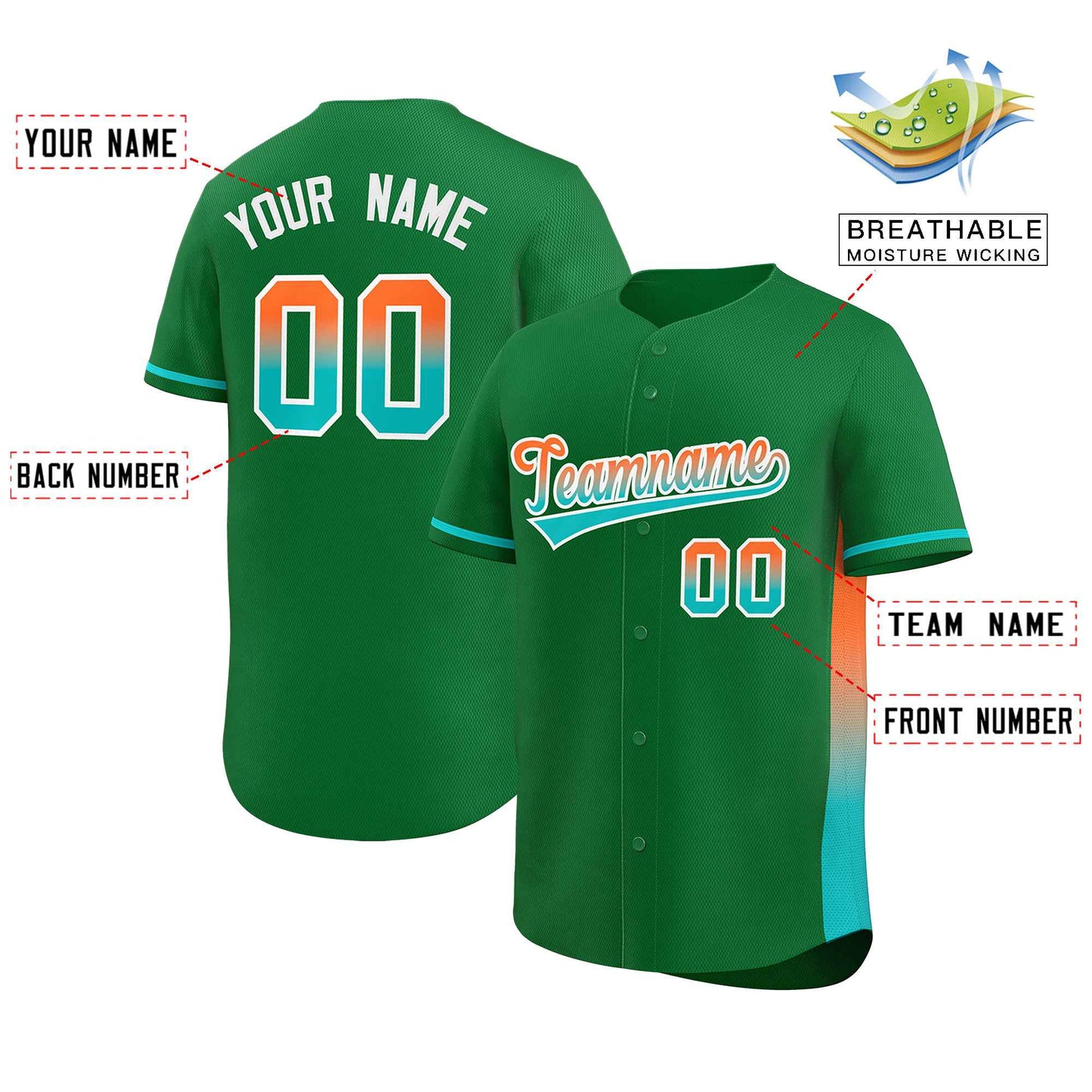 Custom Kelly Green Orange-Aqua Personalized Gradient Font And Side Design Authentic Baseball Jersey Limited