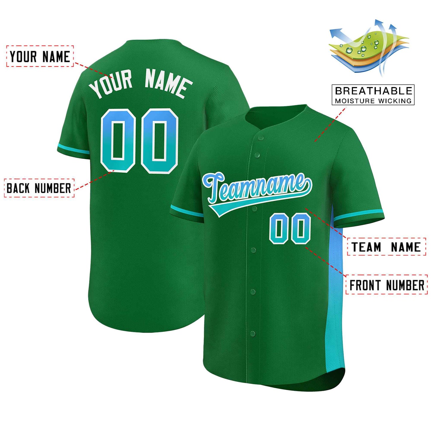 Custom Kelly Green Powder Blue-Aqua Personalized Gradient Font And Side Design Authentic Baseball Jersey Limited