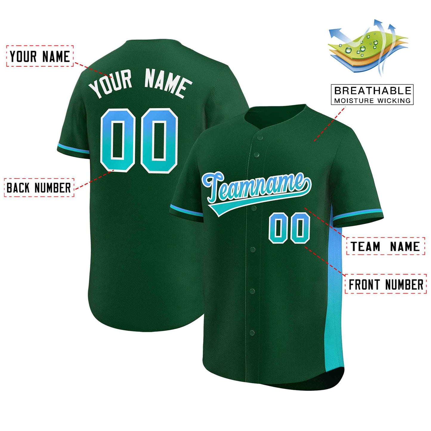 Custom Green Powder Blue-Aqua Personalized Gradient Font And Side Design Authentic Baseball Jersey Limited