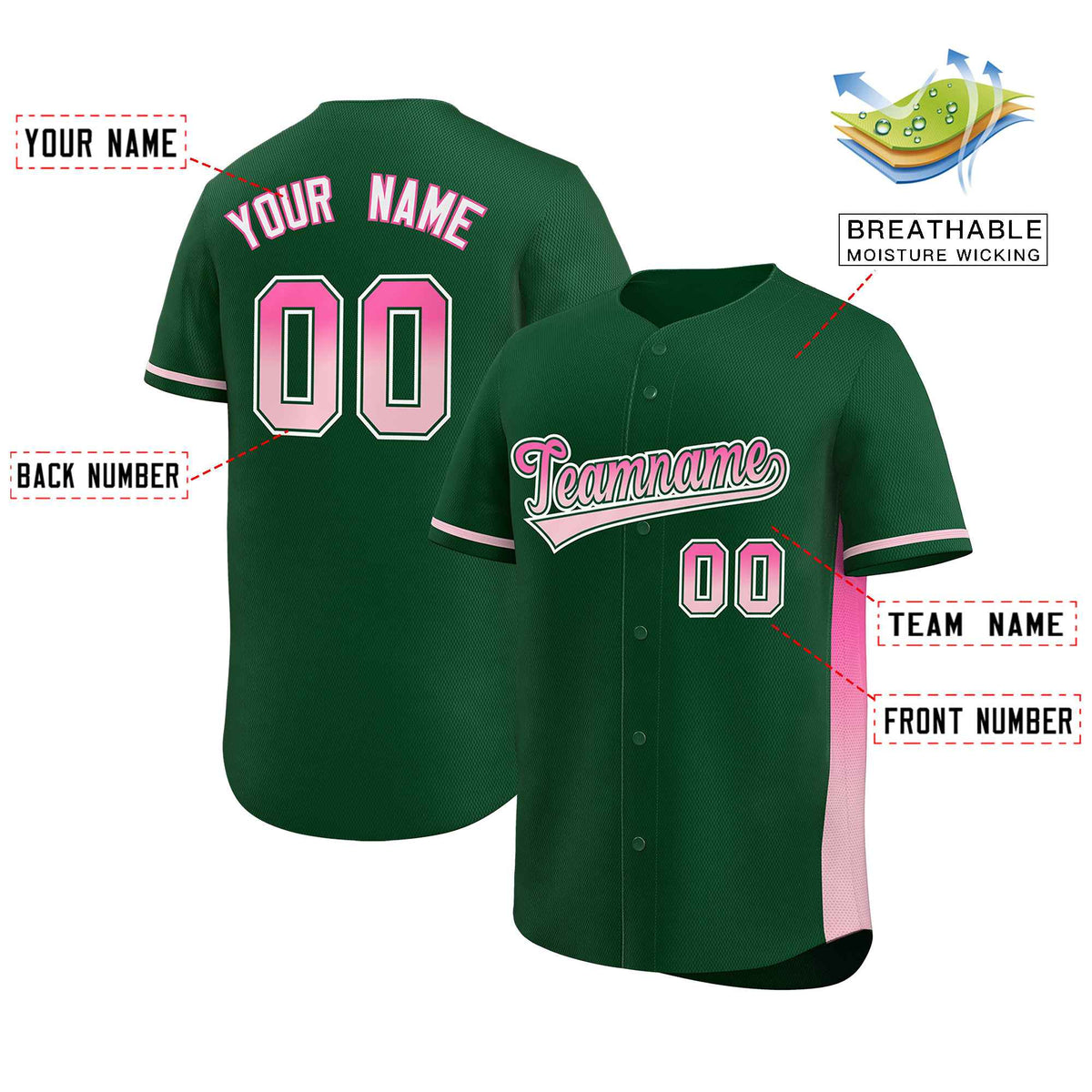 Custom Green Pink-Lt Pink Personalized Gradient Font And Side Design Authentic Baseball Jersey Limited