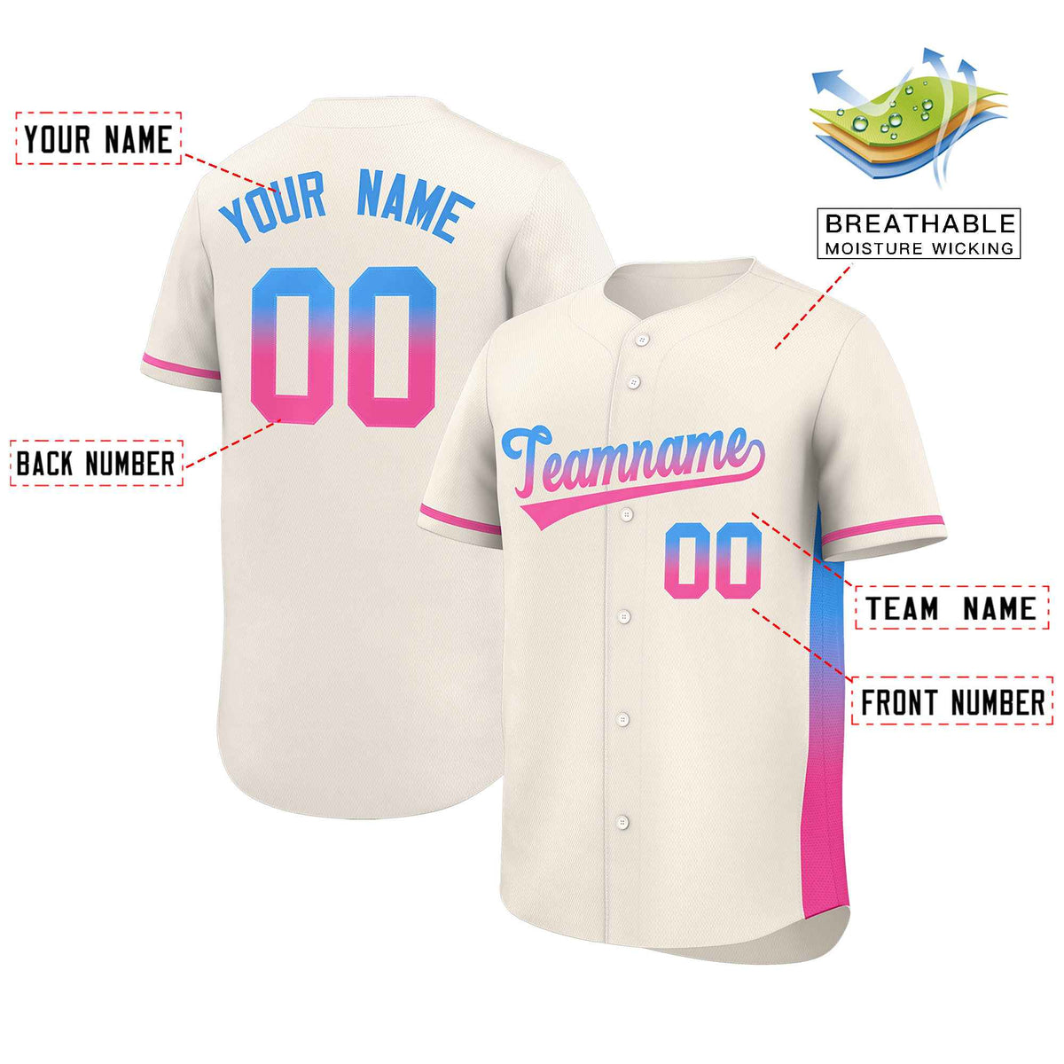 Custom Cream Powder Blue-Pink Personalized Gradient Font And Side Design Authentic Baseball Jersey Limited