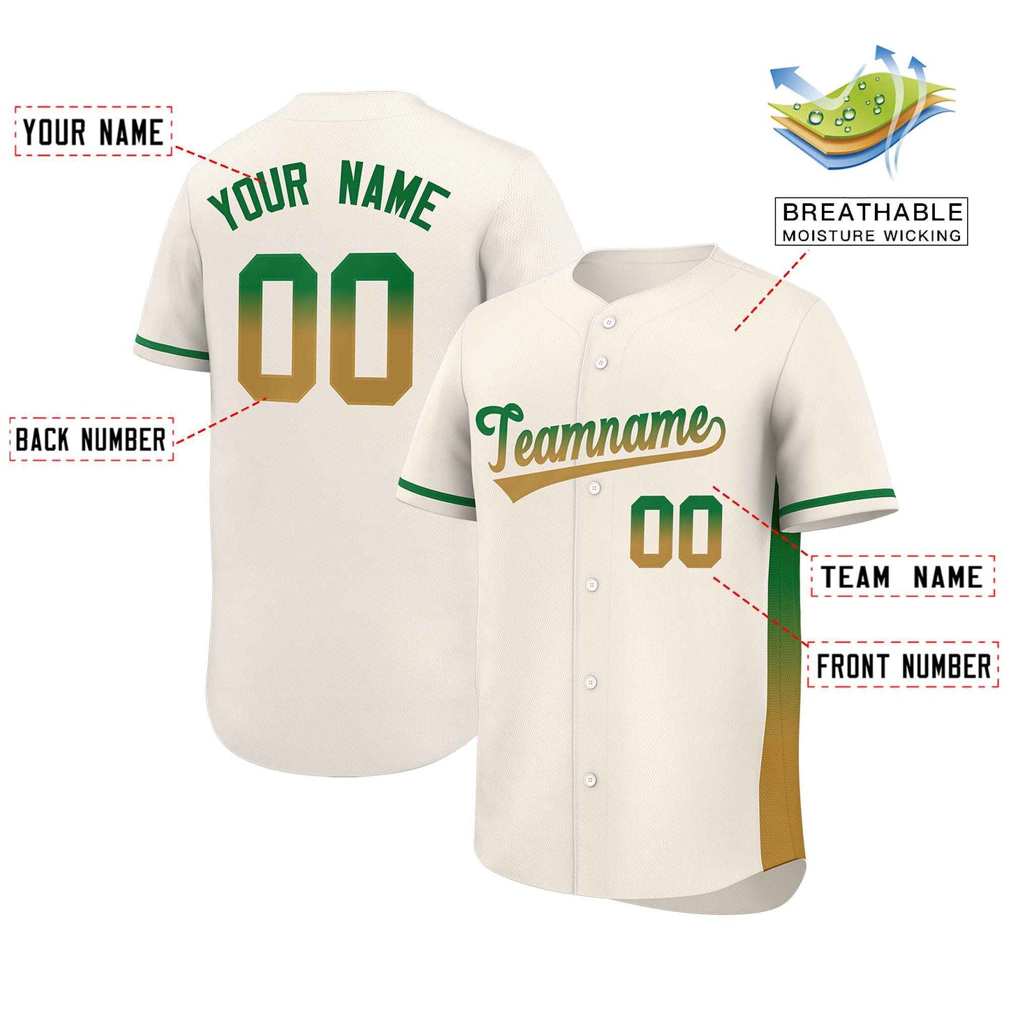 Custom Cream Kelly Green-Old Gold Personalized Gradient Font And Side Design Authentic Baseball Jersey Limited