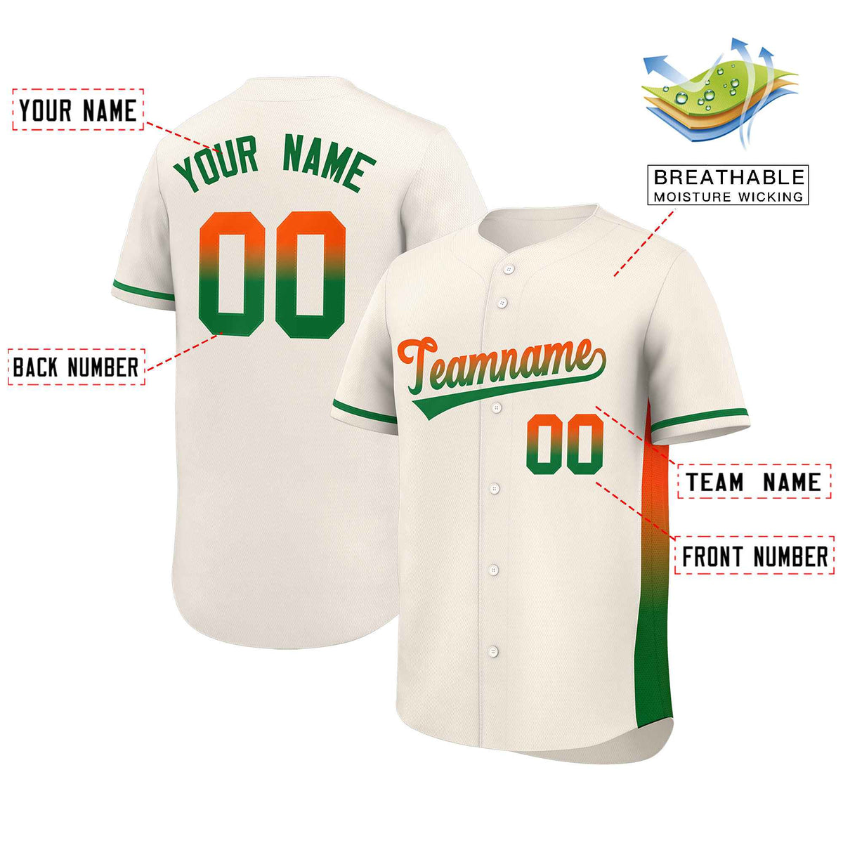 Custom Cream Orange-Kelly Green Personalized Gradient Font And Side Design Authentic Baseball Jersey Limited