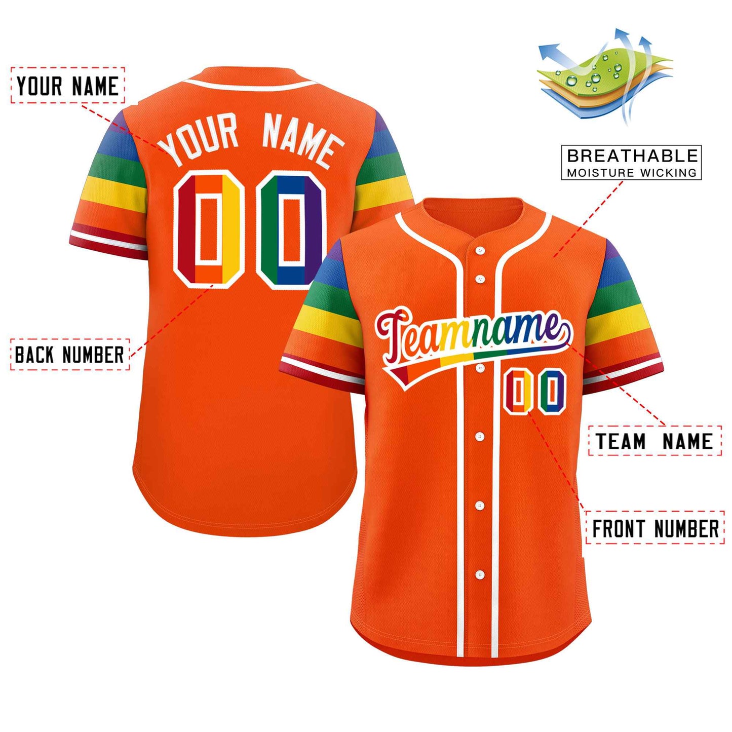 Custom Orange LGBT Rainbow For Pride Month Raglan Sleeves Authentic Baseball Jersey Limited
