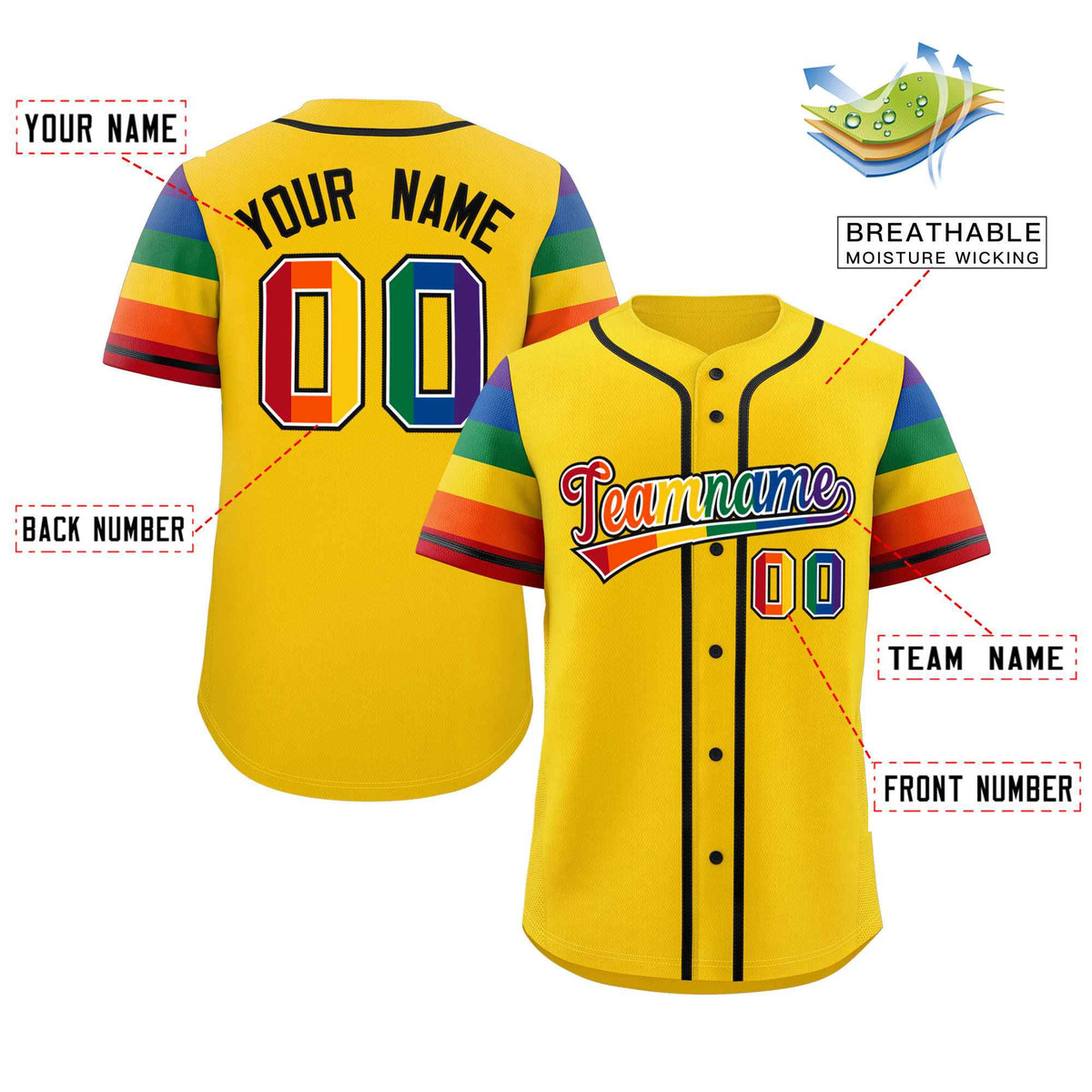 Custom Gold LGBT Rainbow For Pride Month Raglan Sleeves Authentic Baseball Jersey Limited