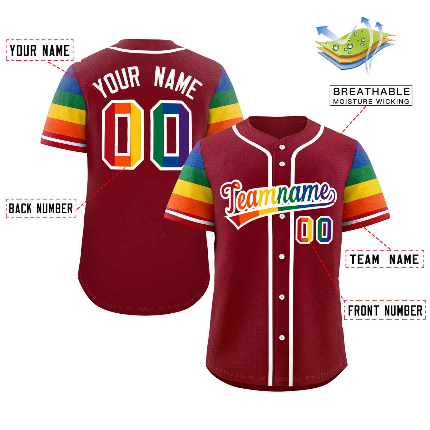 Custom Crimson LGBT Rainbow For Pride Month Raglan Sleeves Authentic Baseball Jersey Limited