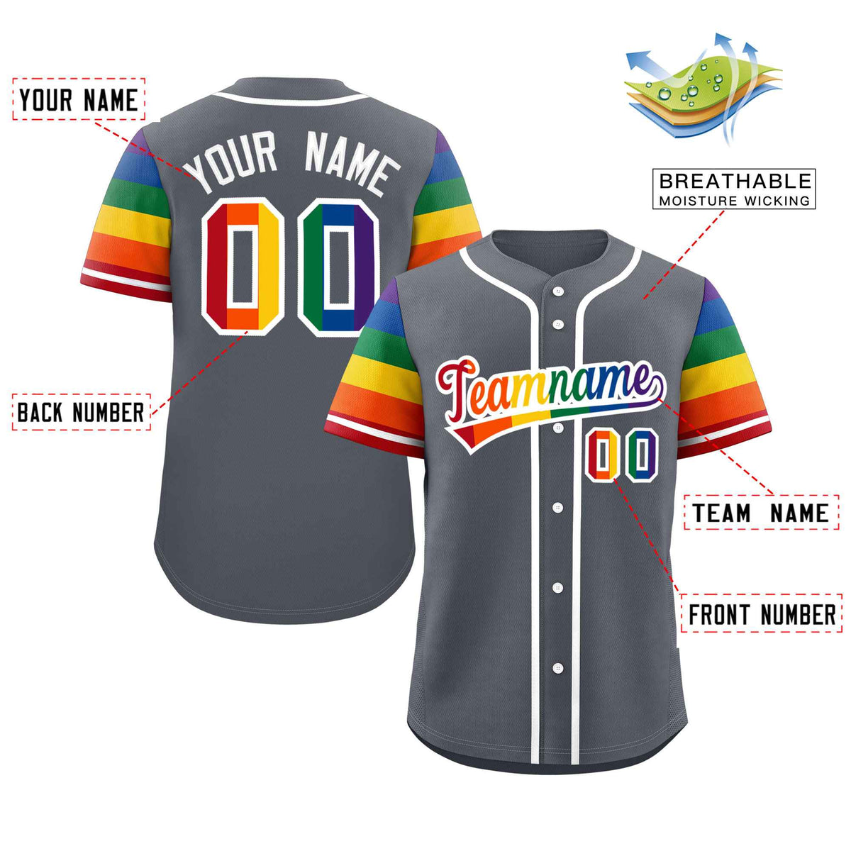 Custom Dark Gray LGBT Rainbow For Pride Month Raglan Sleeves Authentic Baseball Jersey Limited