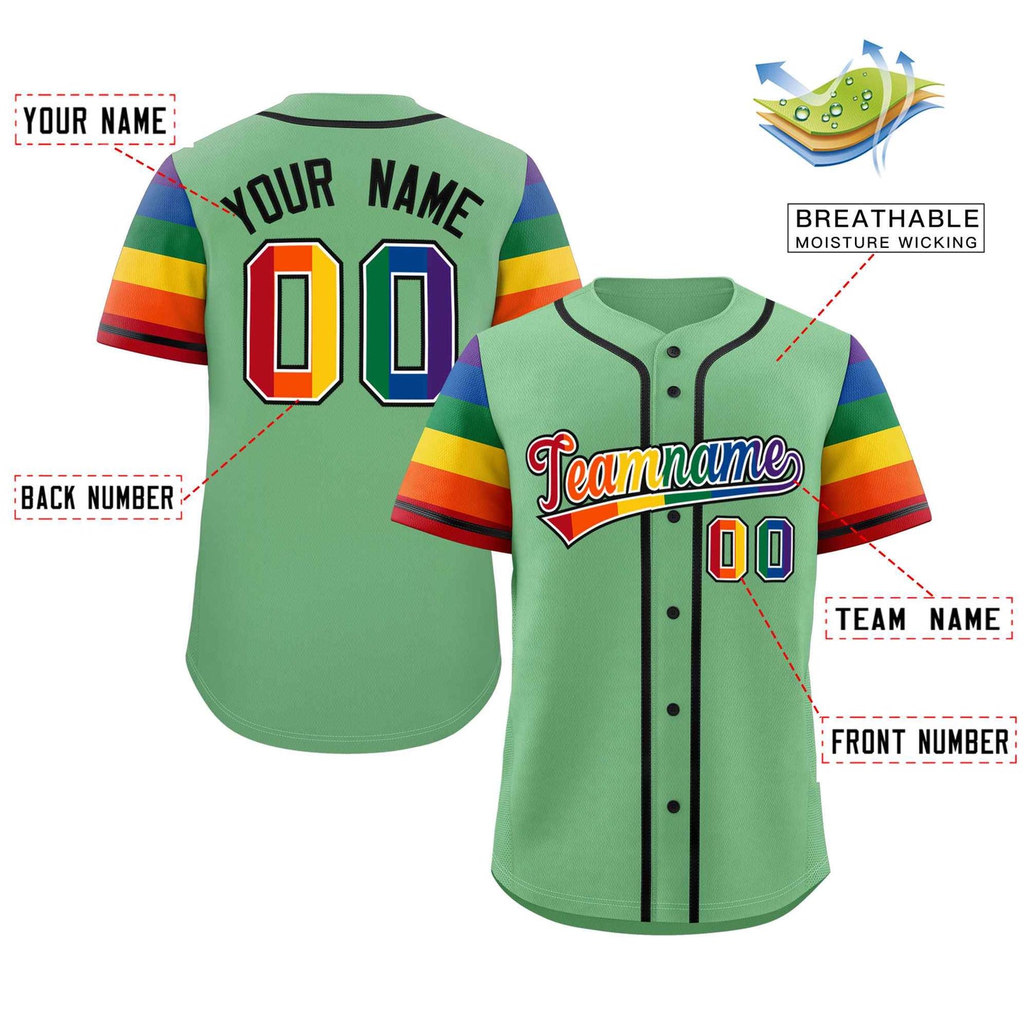 Custom Green LGBT Rainbow For Pride Month Raglan Sleeves Authentic Baseball Jersey Limited