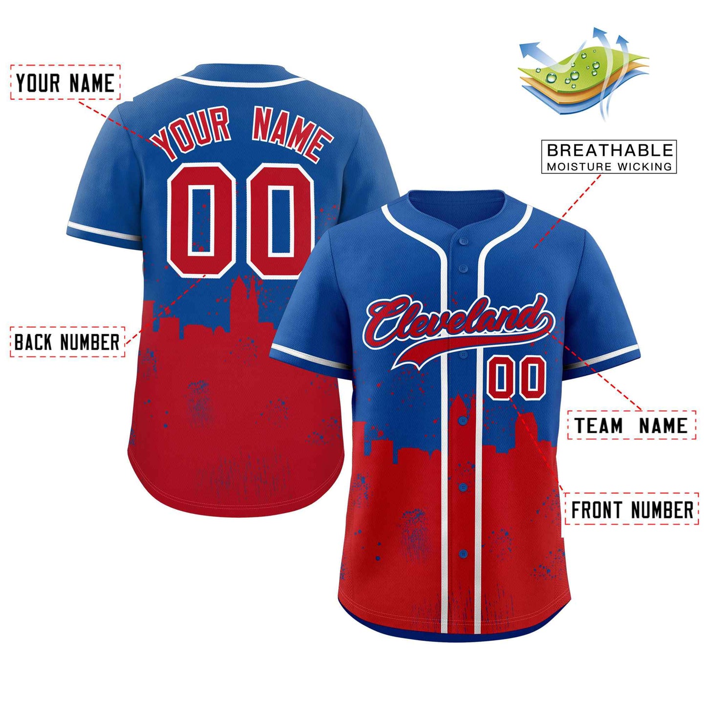 Custom Royal Red Personalized Cleveland City Nightscape Authentic Baseball Jersey Limited