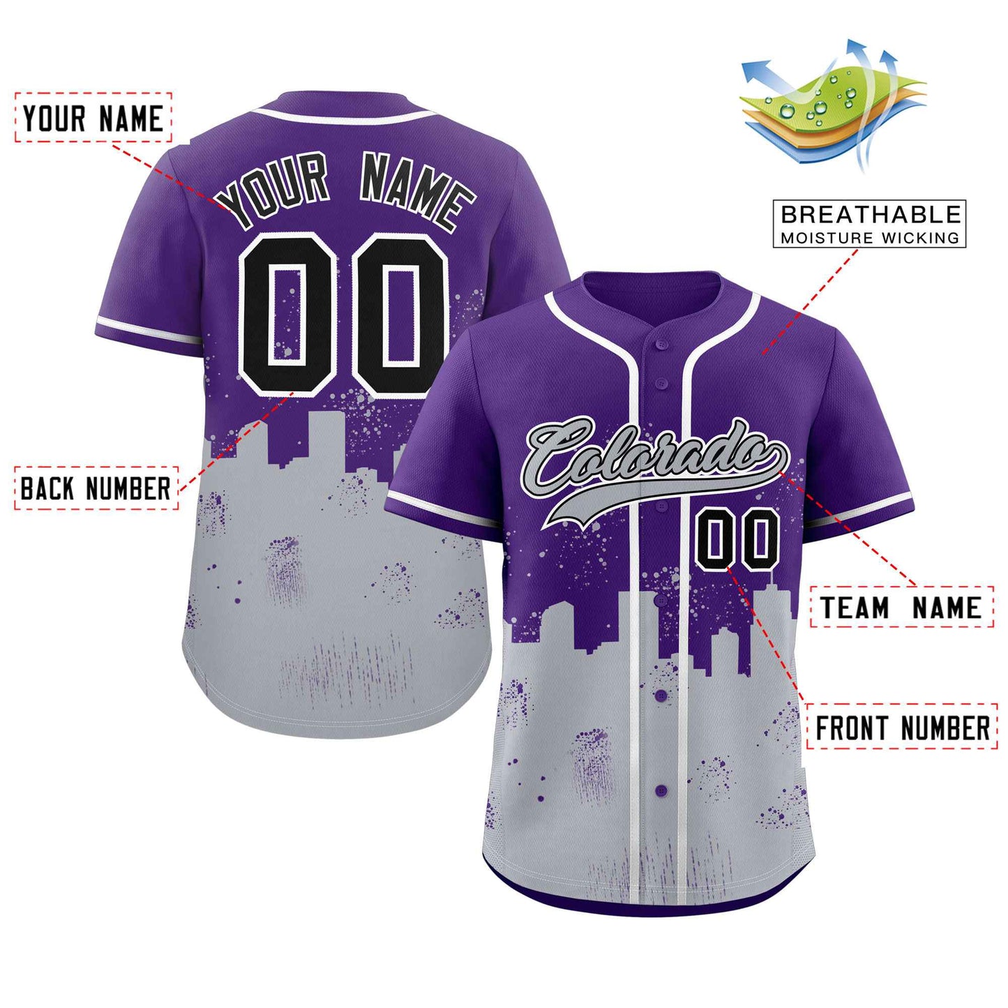 Custom Purple Gray Personalized Colorado City Nightscape Authentic Baseball Jersey Limited