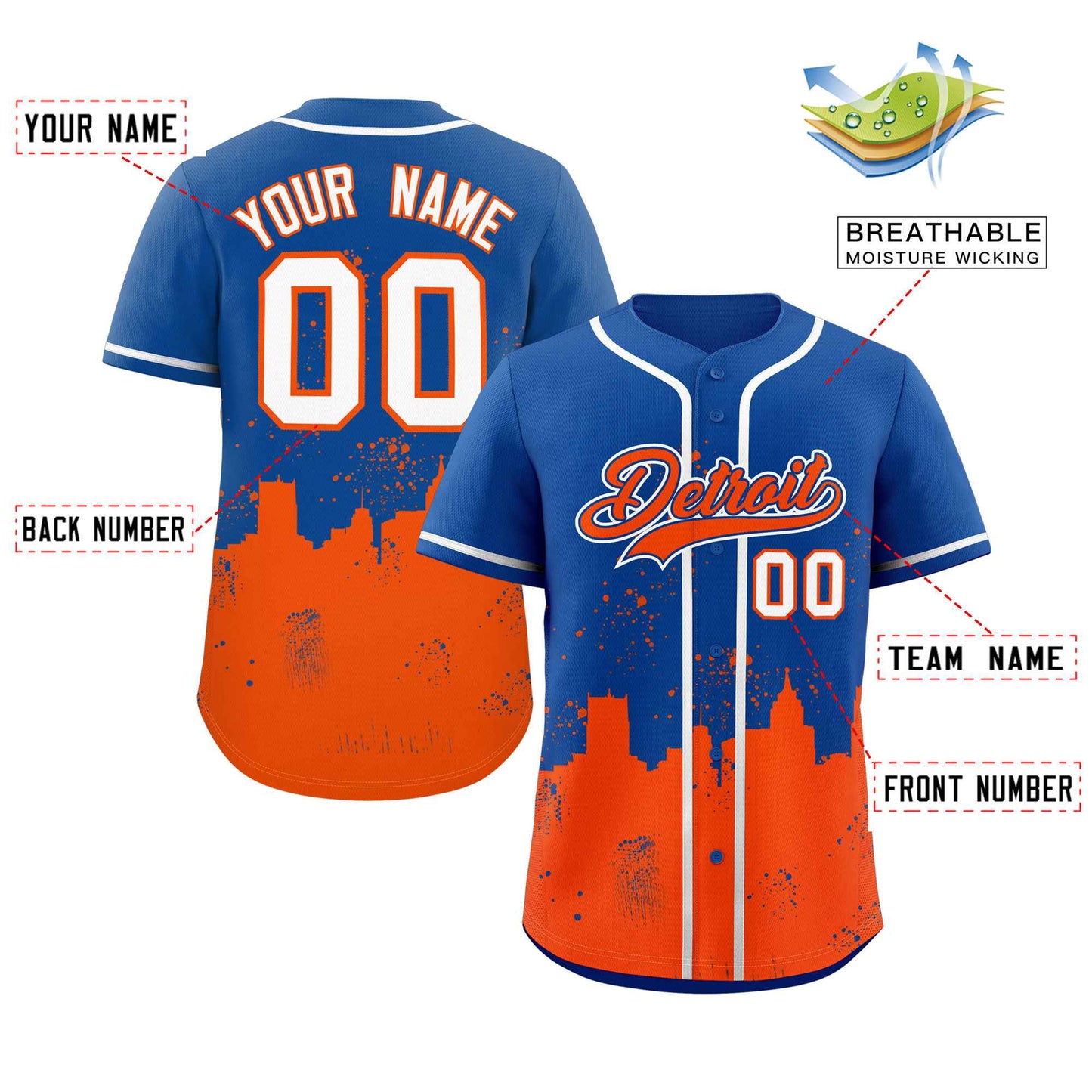 Custom Royal Orange Personalized Detroit City Nightscape Authentic Baseball Jersey Limited