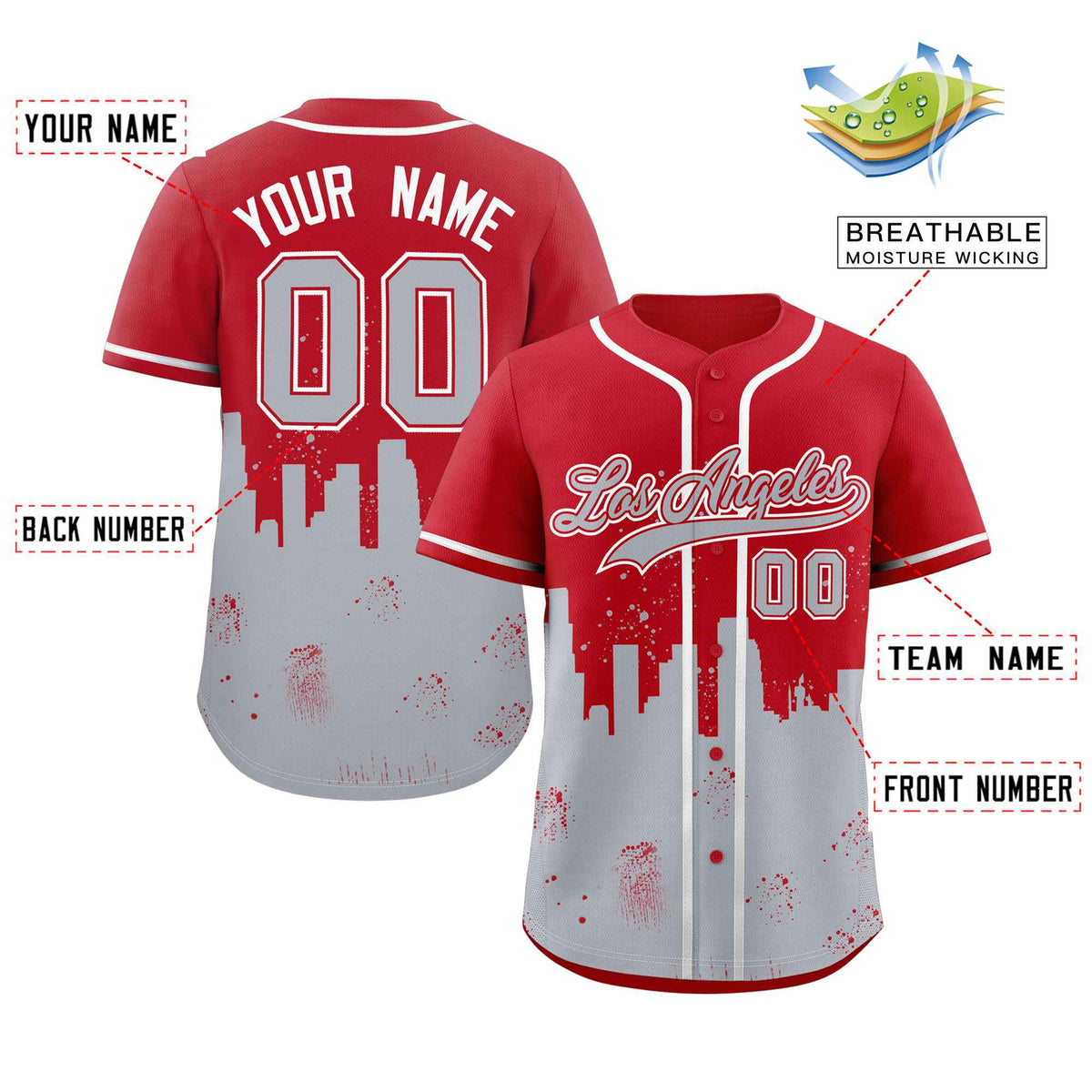 Custom Red Gray Personalized Los Angeles City Nightscape Authentic Baseball Jersey Limited