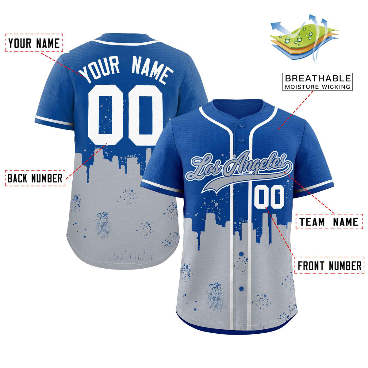 Custom Royal Gray Personalized Los Angeles City Nightscape Authentic Baseball Jersey Limited
