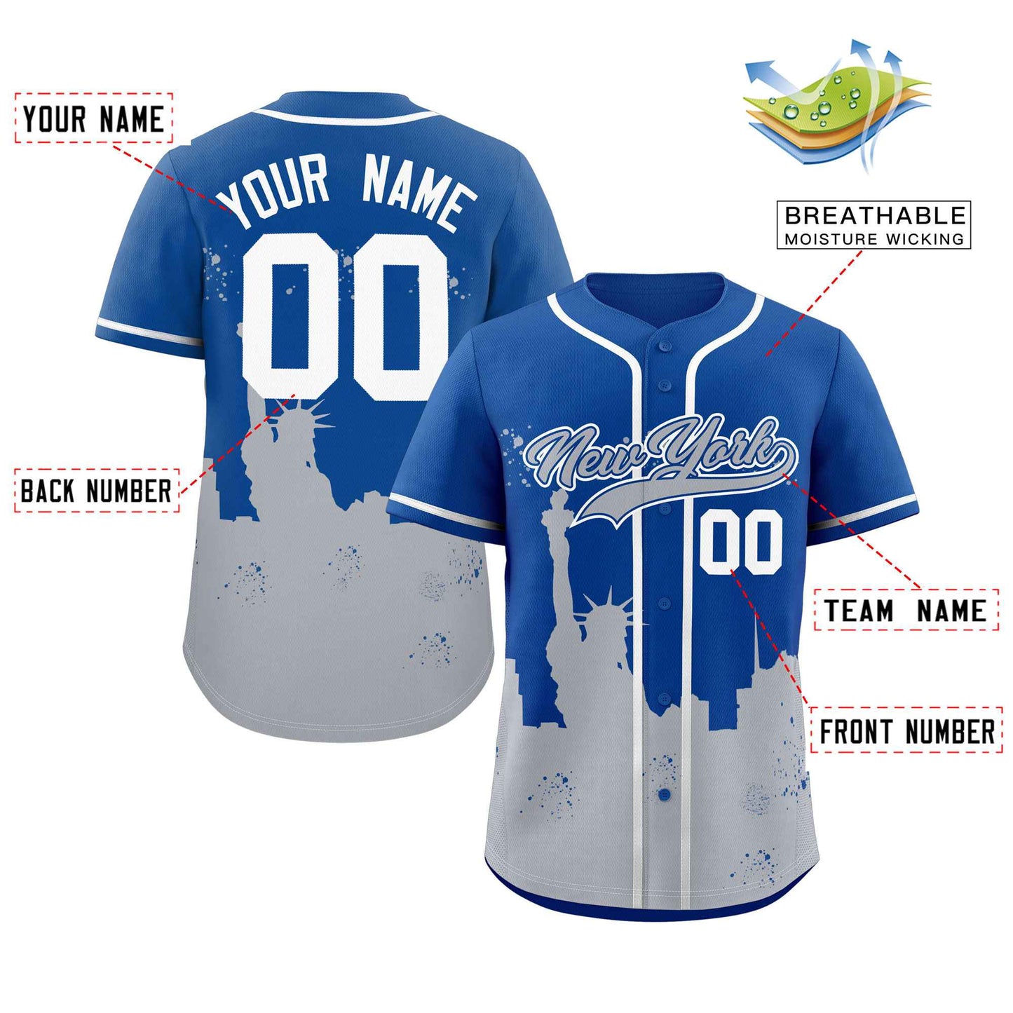 Custom Royal Gray Personalized New York City Nightscape Authentic Baseball Jersey Limited