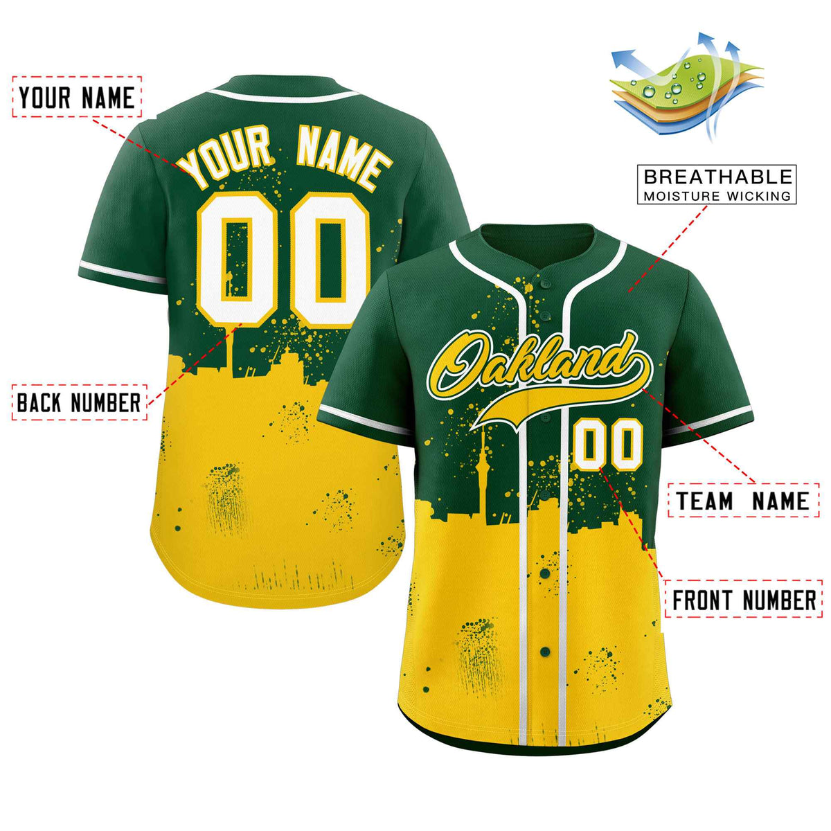 Custom Green Gold Personalized Oakland City Nightscape Authentic Baseball Jersey Limited