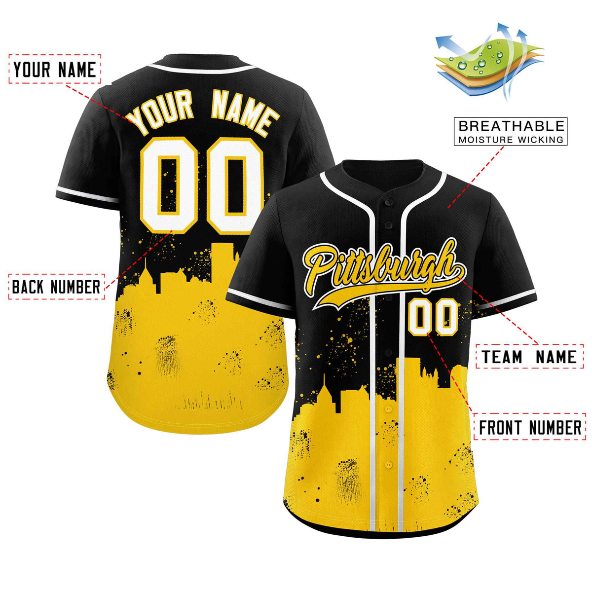 Custom Black Yellow Personalized Pittsburgh City Nightscape Authentic Baseball Jersey Limited