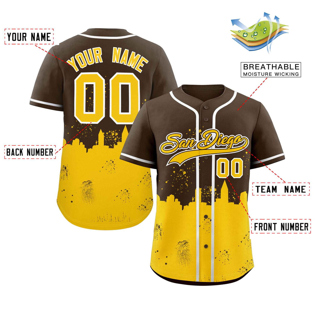 Custom Light Brown Yellow Personalized San Diego City Nightscape Authentic Baseball Jersey Limited