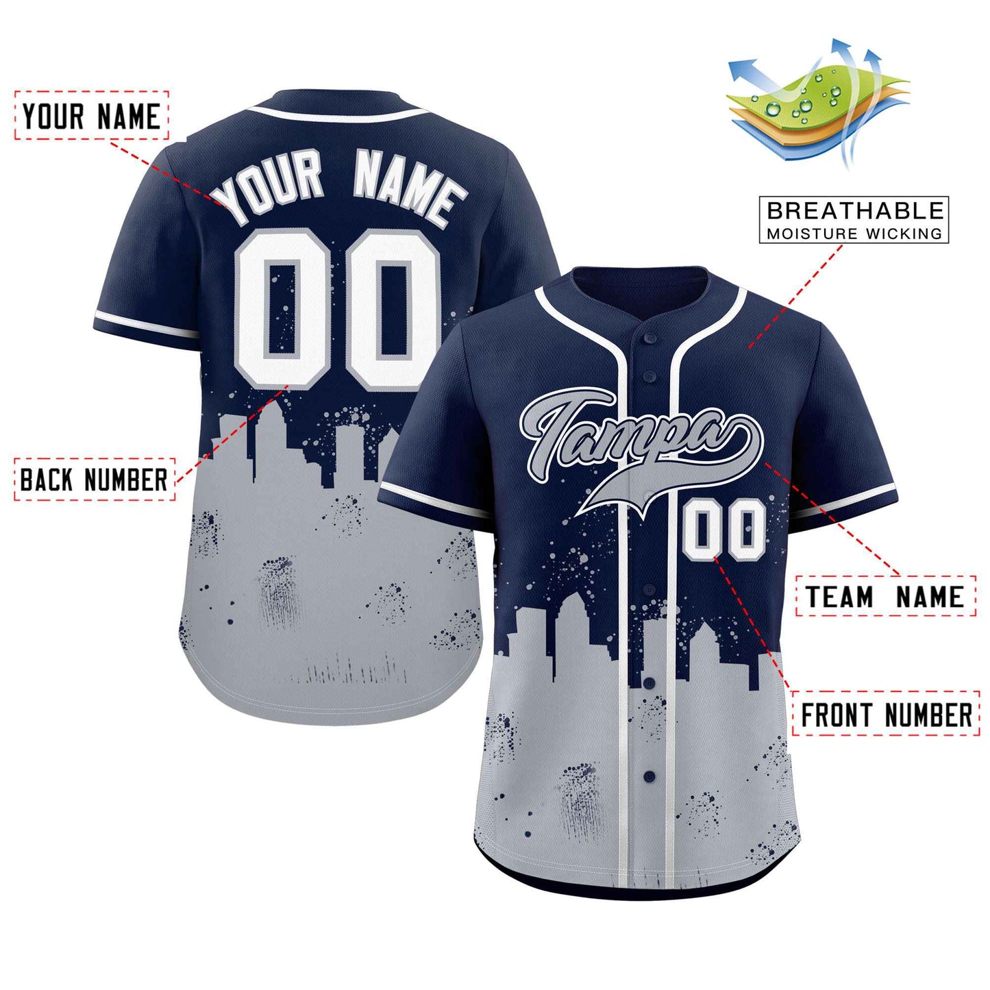 Custom Navy Gray Personalized Tampa City Nightscape Authentic Baseball Jersey Limited