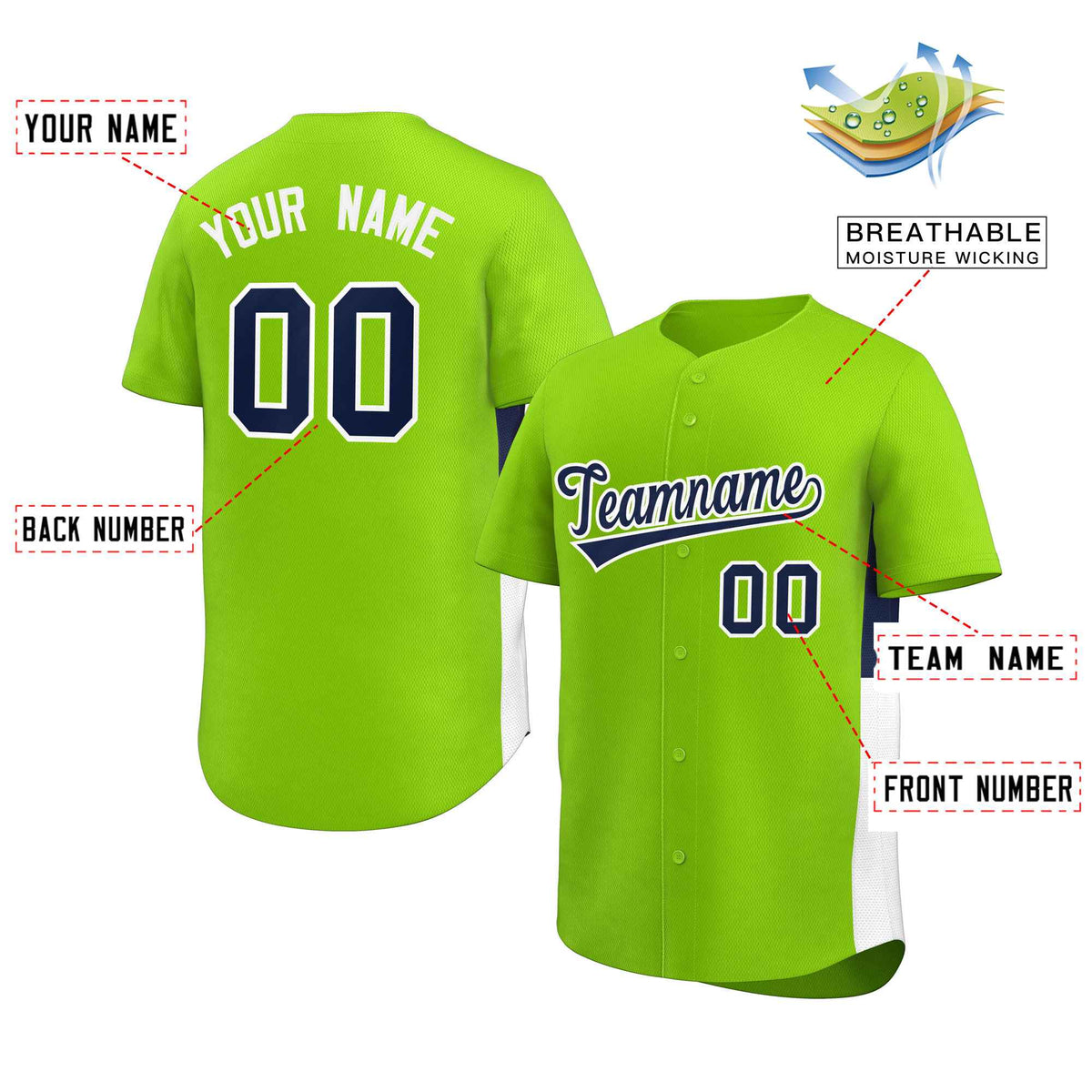 Custom Neon Green Navy-White Personalized Side Two-Tone Design Authentic Baseball Jersey Limited