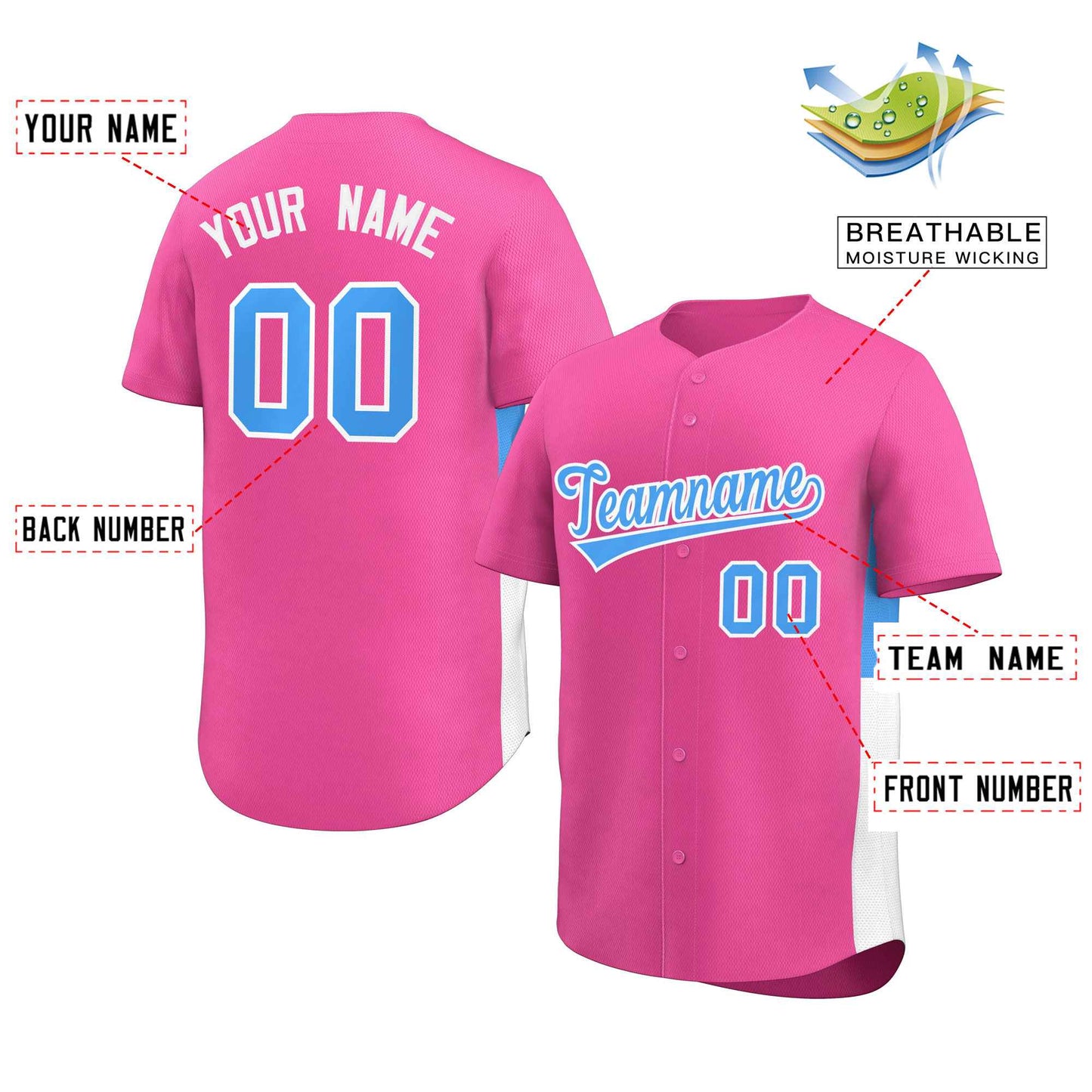 Custom Pink Powder Blue-White Personalized Side Two-Tone Design Authentic Baseball Jersey Limited
