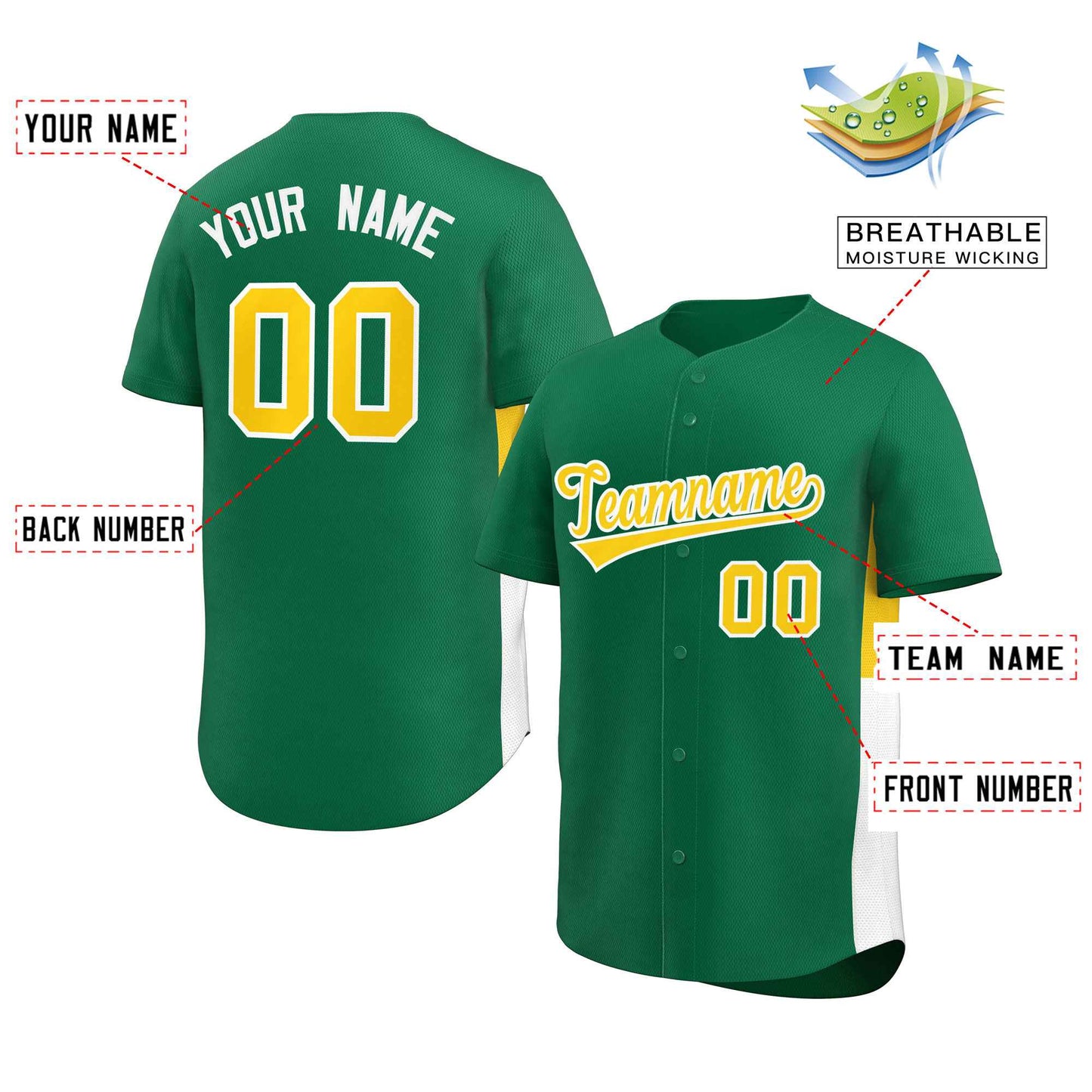 Custom Kelly Green Yellow-White Personalized Side Two-Tone Design Authentic Baseball Jersey Limited