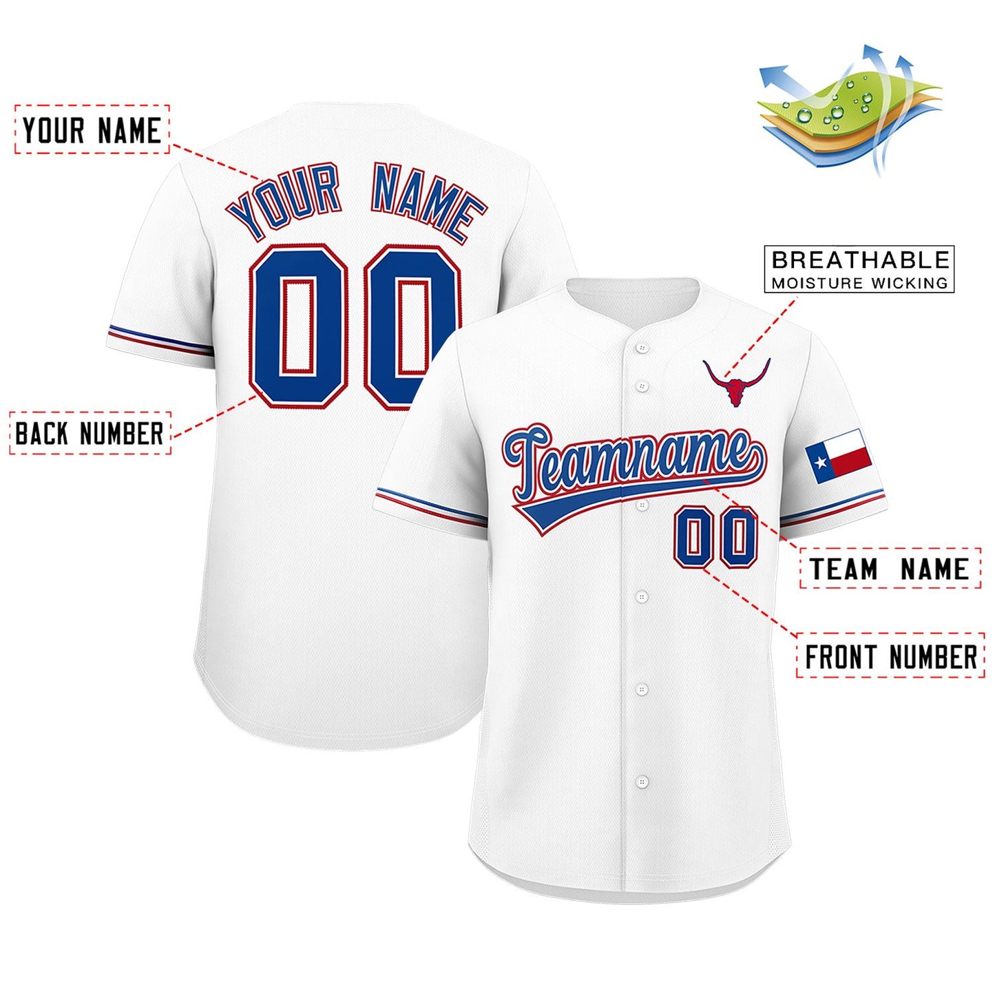 Custom White Royal Texas Flag Classic Style Authentic Baseball Jersey Limited