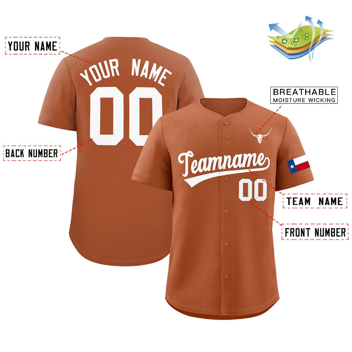 Custom Orange White Texas Flag Classic Style Authentic Baseball Jersey Limited