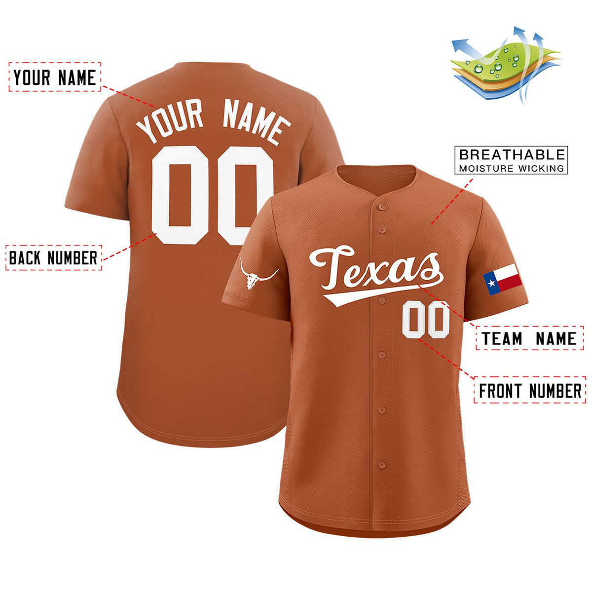 Custom Orange White Texas Flag Classic Style Authentic Baseball Jersey Limited