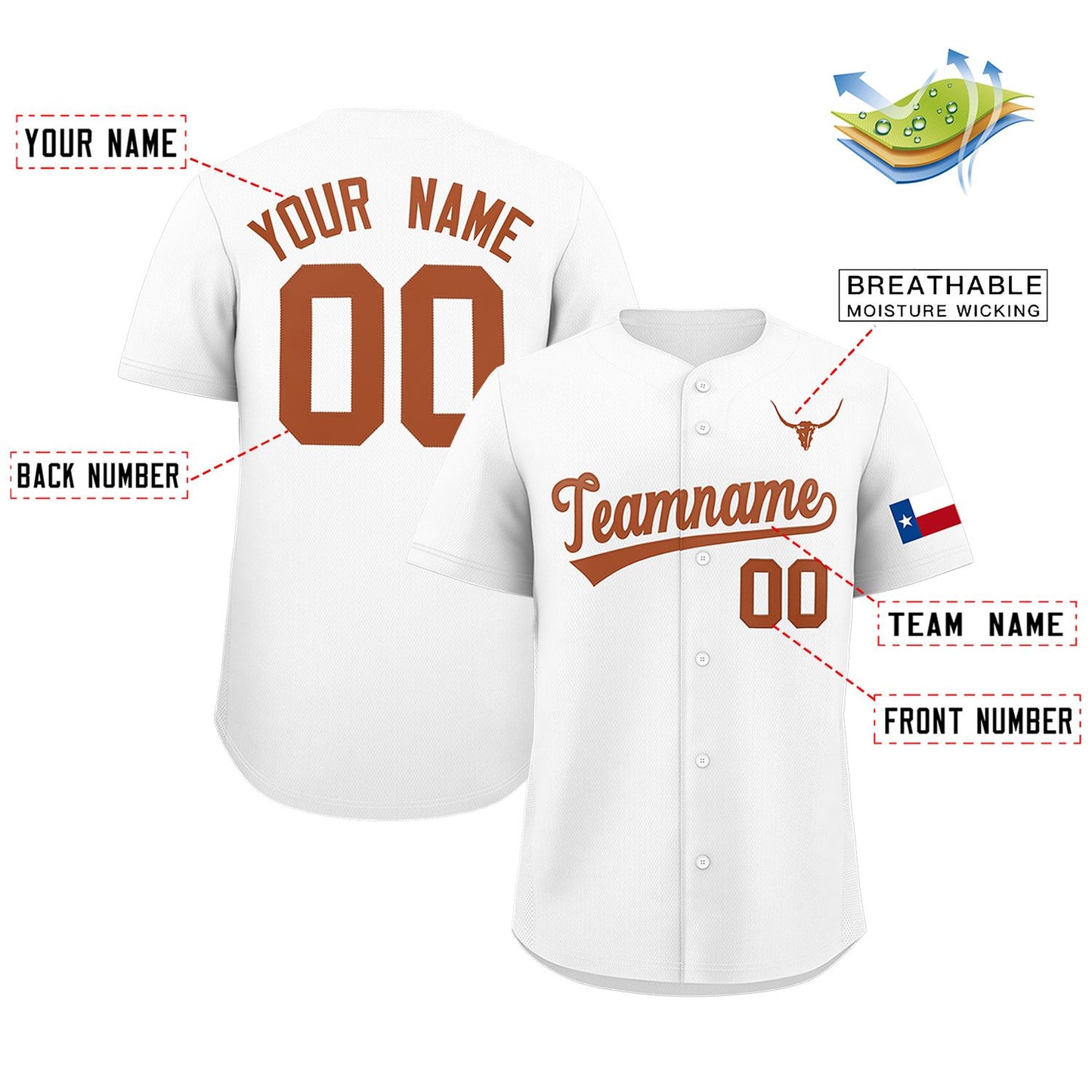 Custom White Orange Texas Flag Classic Style Authentic Baseball Jersey Limited