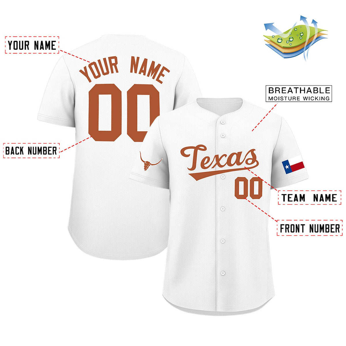 Custom White Orange Texas Flag Classic Style Authentic Baseball Jersey Limited