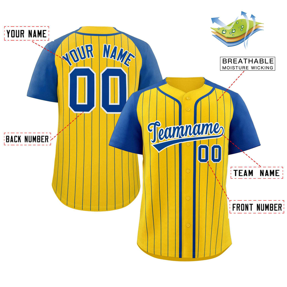 Custom Gold Royal-White Stripe Fashion Raglan Sleeves Authentic Baseball Jersey Limited