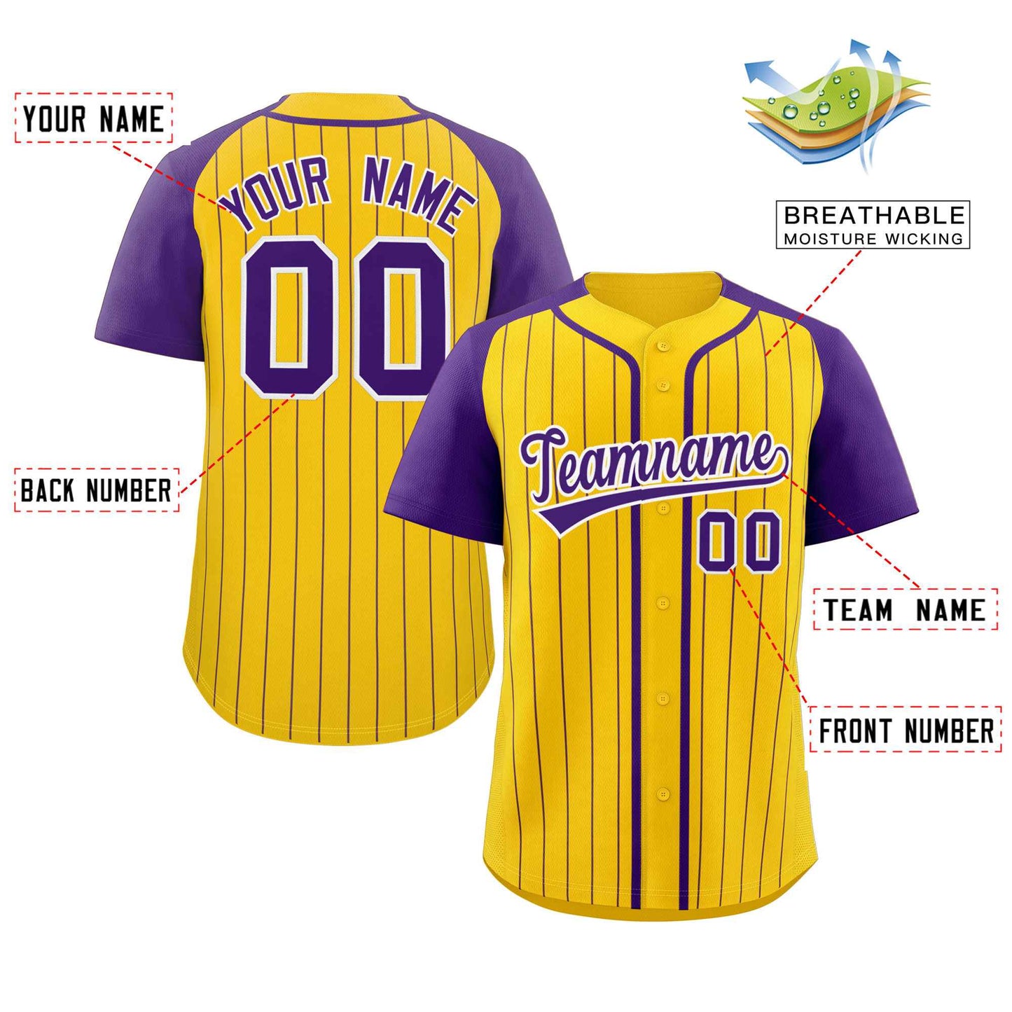 Custom Gold Purple-White Stripe Fashion Raglan Sleeves Authentic Baseball Jersey Limited