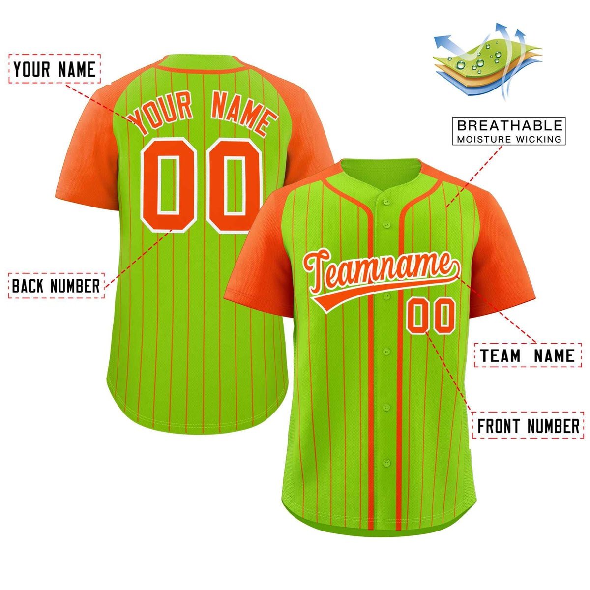 Custom Neon Green Orange-White Stripe Fashion Raglan Sleeves Authentic Baseball Jersey Limited