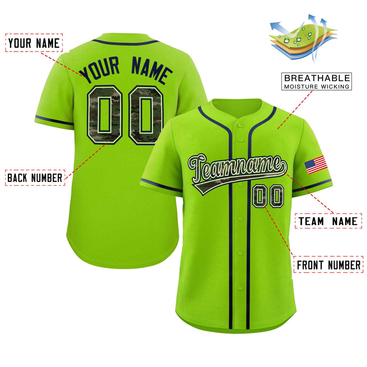 Custom Neon Green Personalized Camo Font Authentic Baseball Jersey Limited