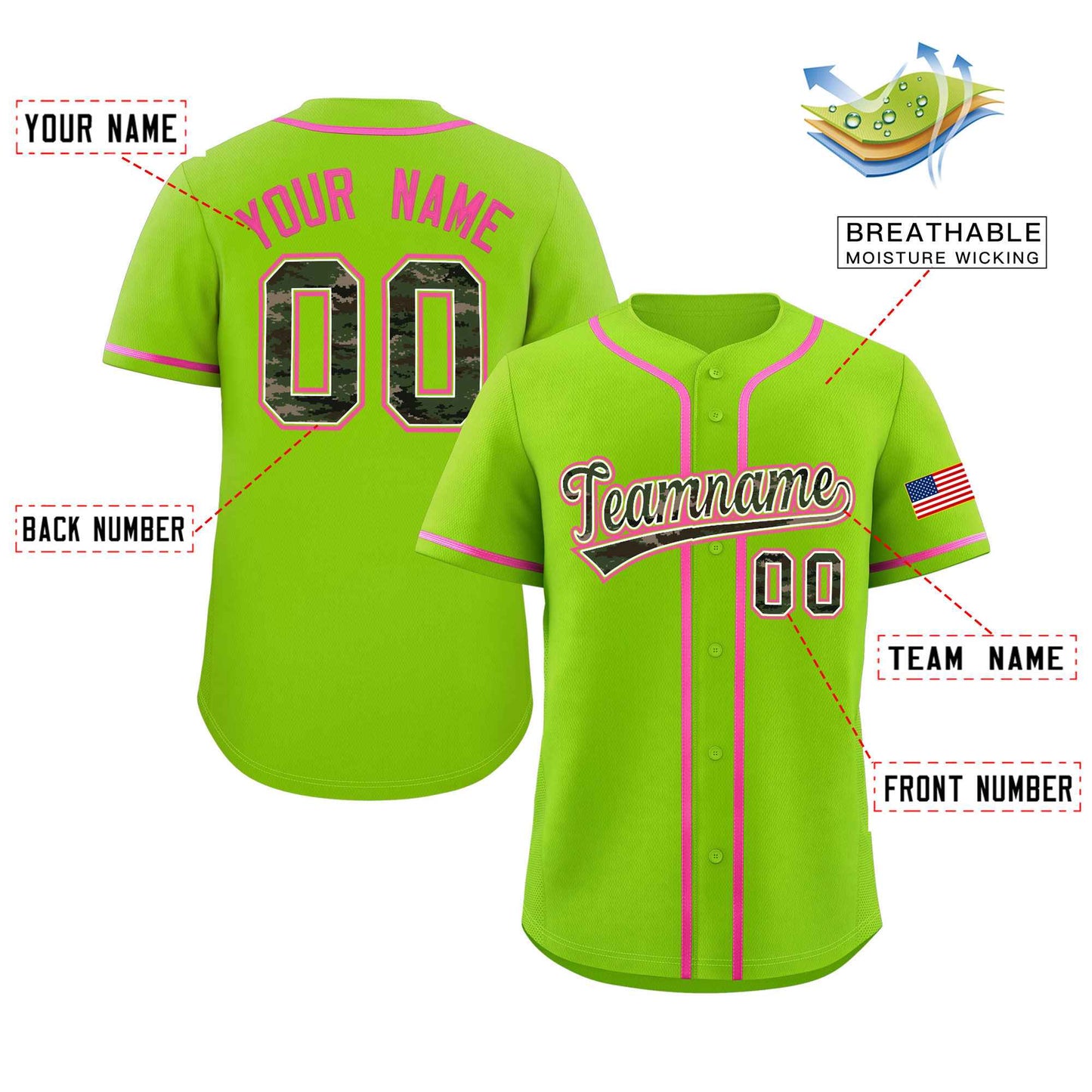 Custom Neon Green Personalized Camo Font Authentic Baseball Jersey Limited